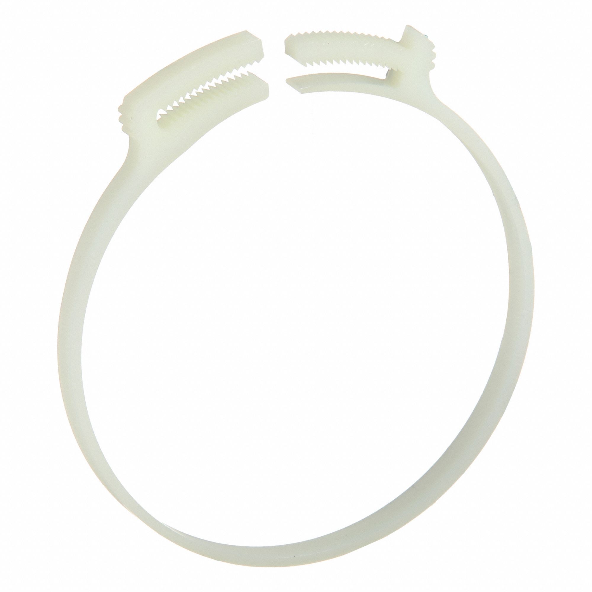 Double Grip Plastic Hose Clamp: Nylon, Natural, Double Tooth, 4.21 in – 4.49 in Clamping Dia