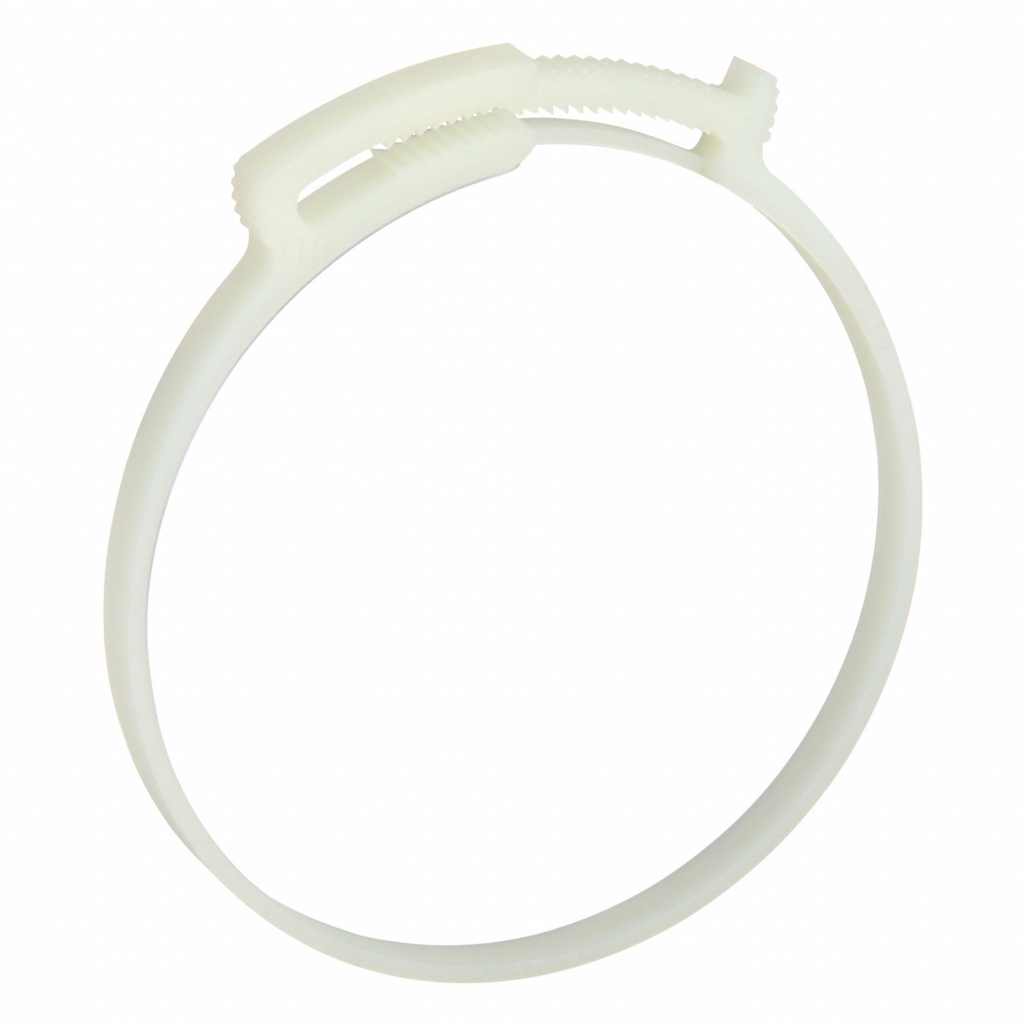 Double Grip Plastic Hose Clamp: Nylon, Natural, Double Tooth, 4.49 in – 4.8 in Clamping Dia