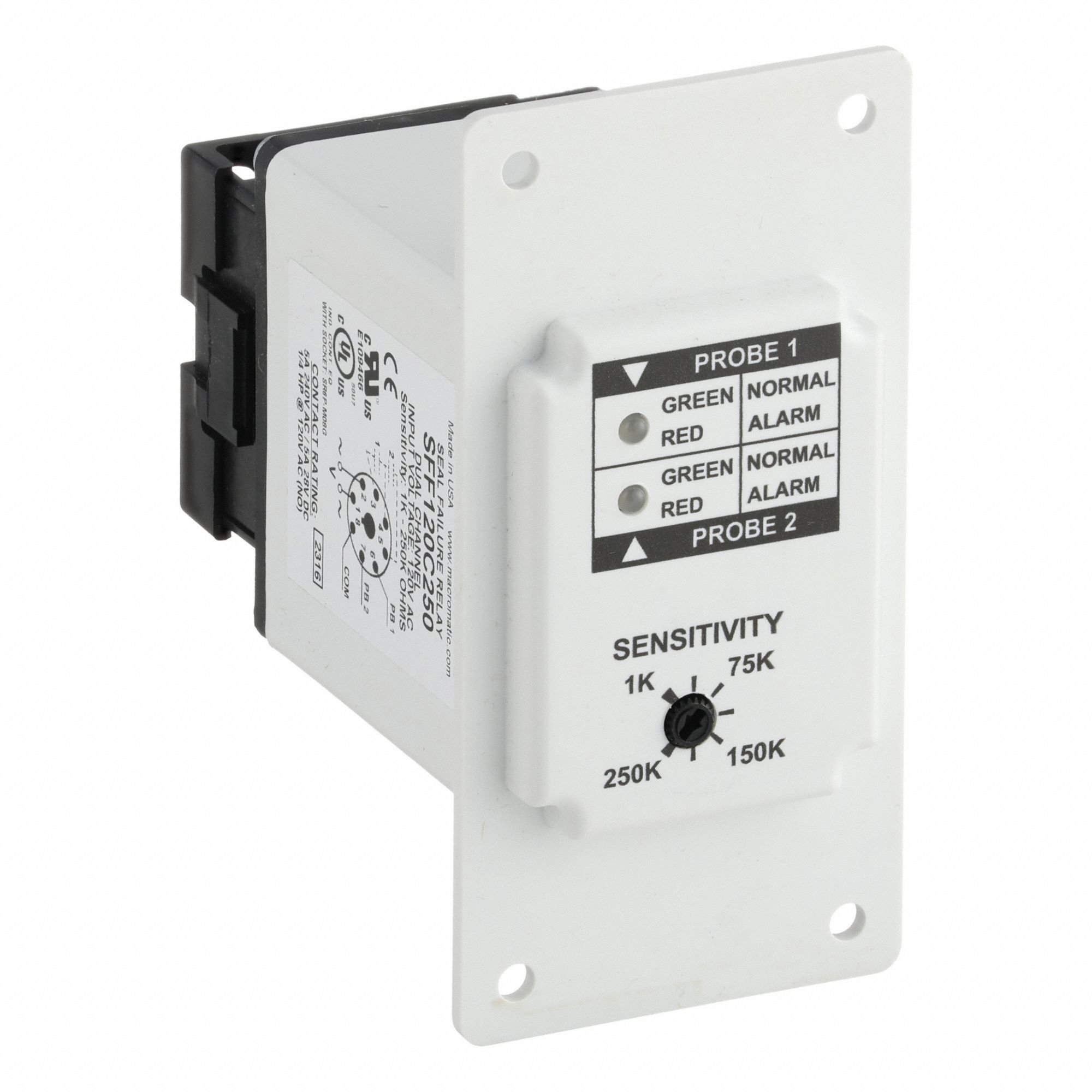 MACROMATIC Seal Leak Relay: Panel Door Mounted, 5 A Current Rating, 120V AC, Dual Channel Channels (MPN SFF120C250-G). Key specifications — Manufacturer Part Number: SFF120C250-G; Brand: MACROMATIC.