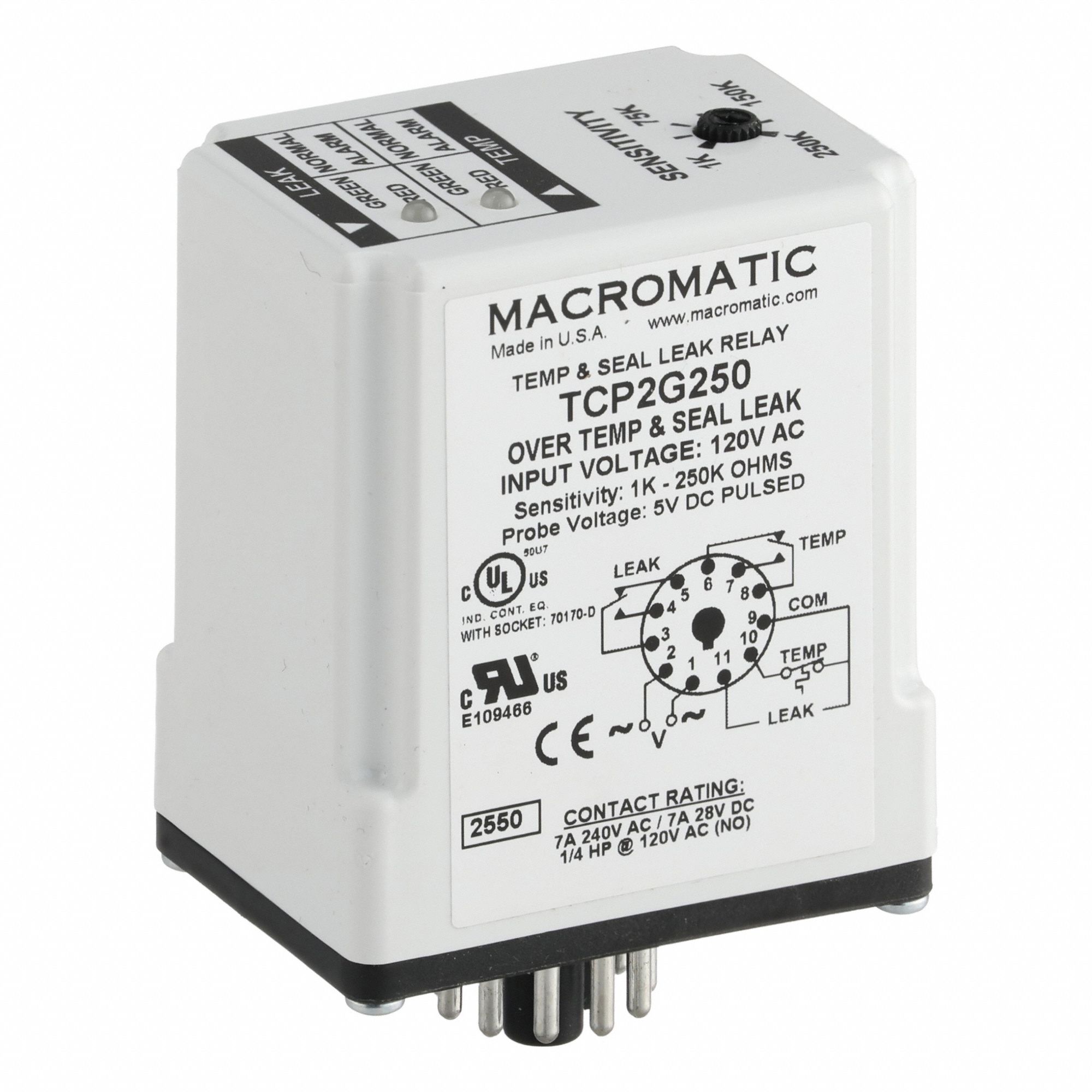 MACROMATIC Seal/Temp Relay: Socket Mounted, 7 A Current Rating, 120V AC, Single Channel Channels (MPN TCP2G250-G). Key specifications — Manufacturer Part Number: TCP2G250-G; Brand: MACROMATIC.