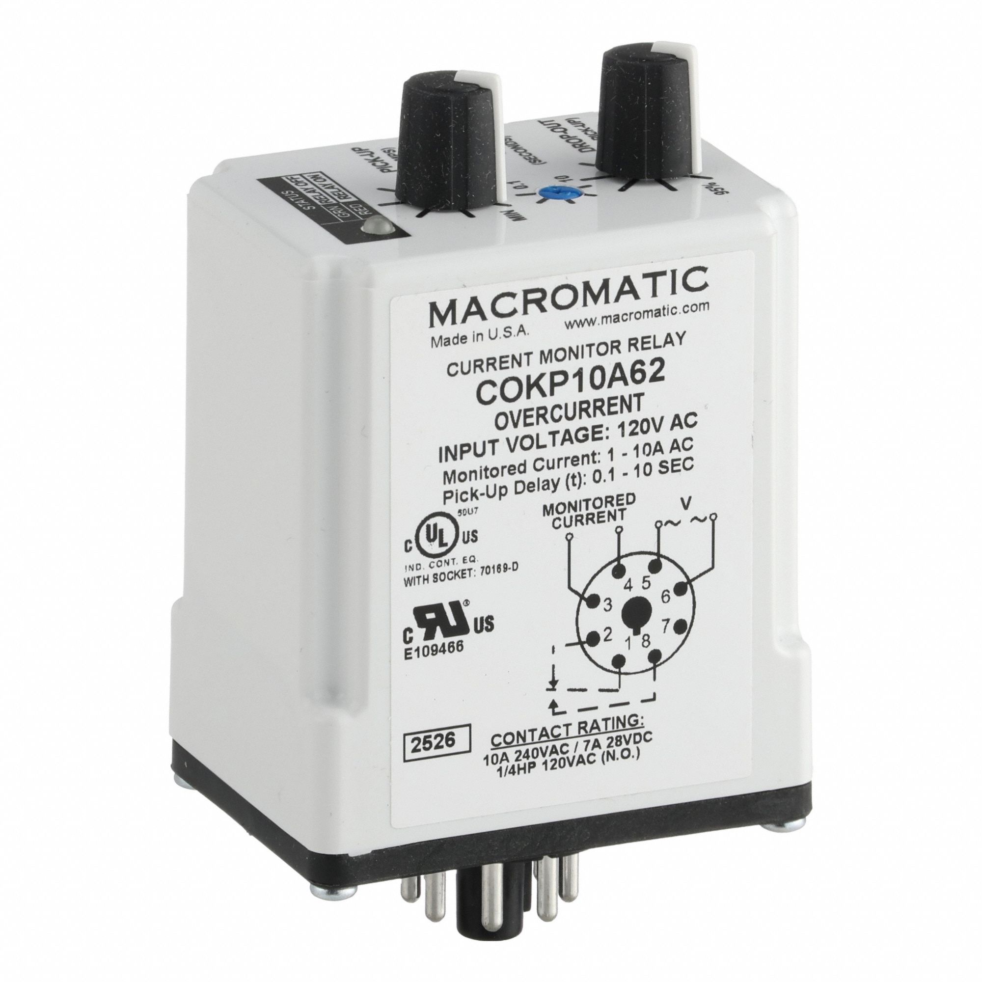 MACROMATIC Monitor Relay: Socket Mounted, 10 A Current Rating, 120V AC, Overcurrent, Pin (MPN COKP10A62-G). Key specifications — Series: COKP Series; Electrical Connection: Pin; Monitored Parameters: Overcurrent; Mounting Style: Plug-In; Trip Point: 1 to 10 A; Trip Point Type: Adjustable; Brand: MACROMATIC.