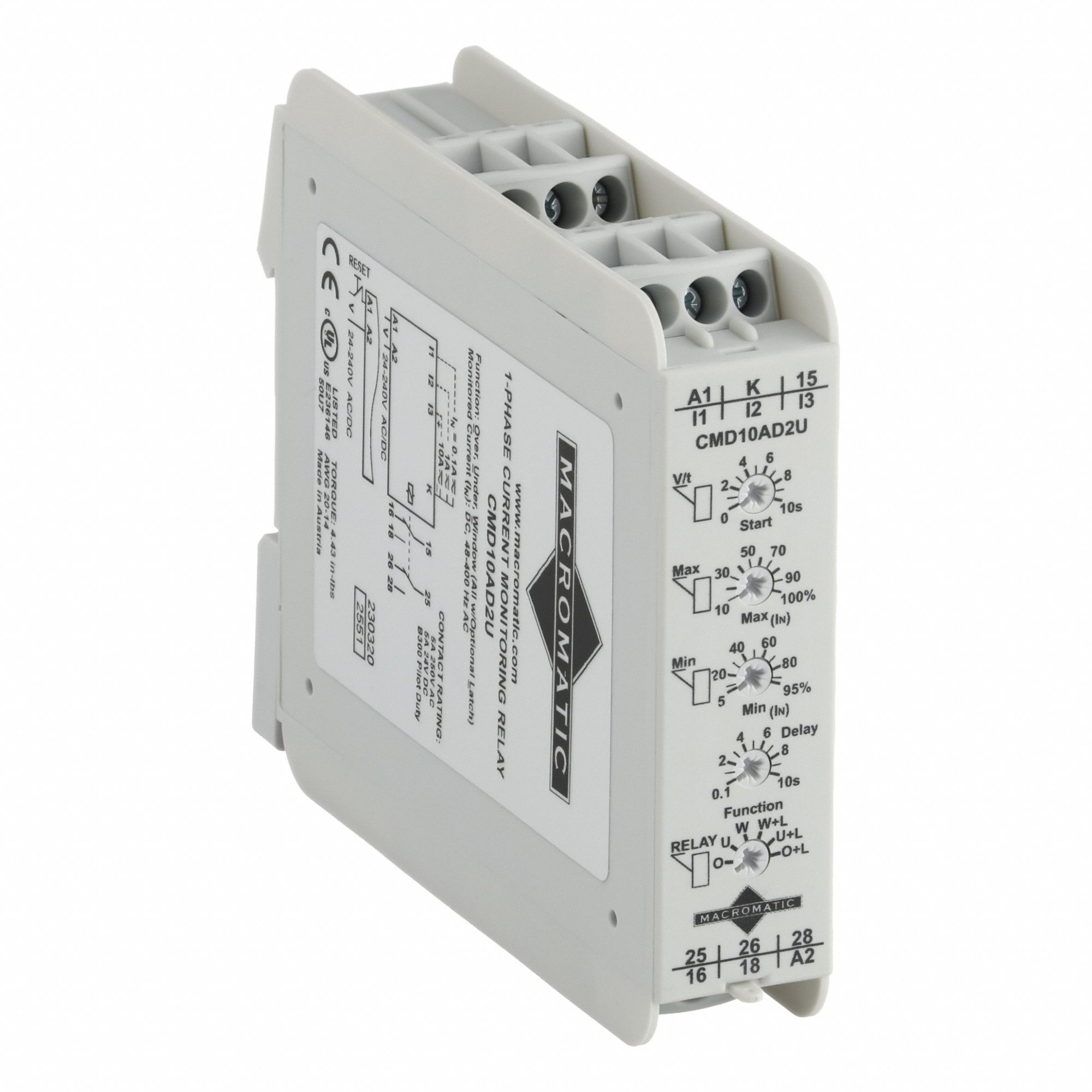 MACROMATIC Multi-function Current Relay: DIN-Rail Mounted, 10 A Current Rating, 24 to 240V AC/DC (MPN CMD10AD2U-G). Key specifications — Series: CMD Series; Electrical Connection: Screw Terminal; Monitored Parameters: Undercurrent; Mounting Style: DIN Rail; Trip Point: 0.005 to 10 A; Trip Point Type: Adjustable; Brand: MACROMATIC.
