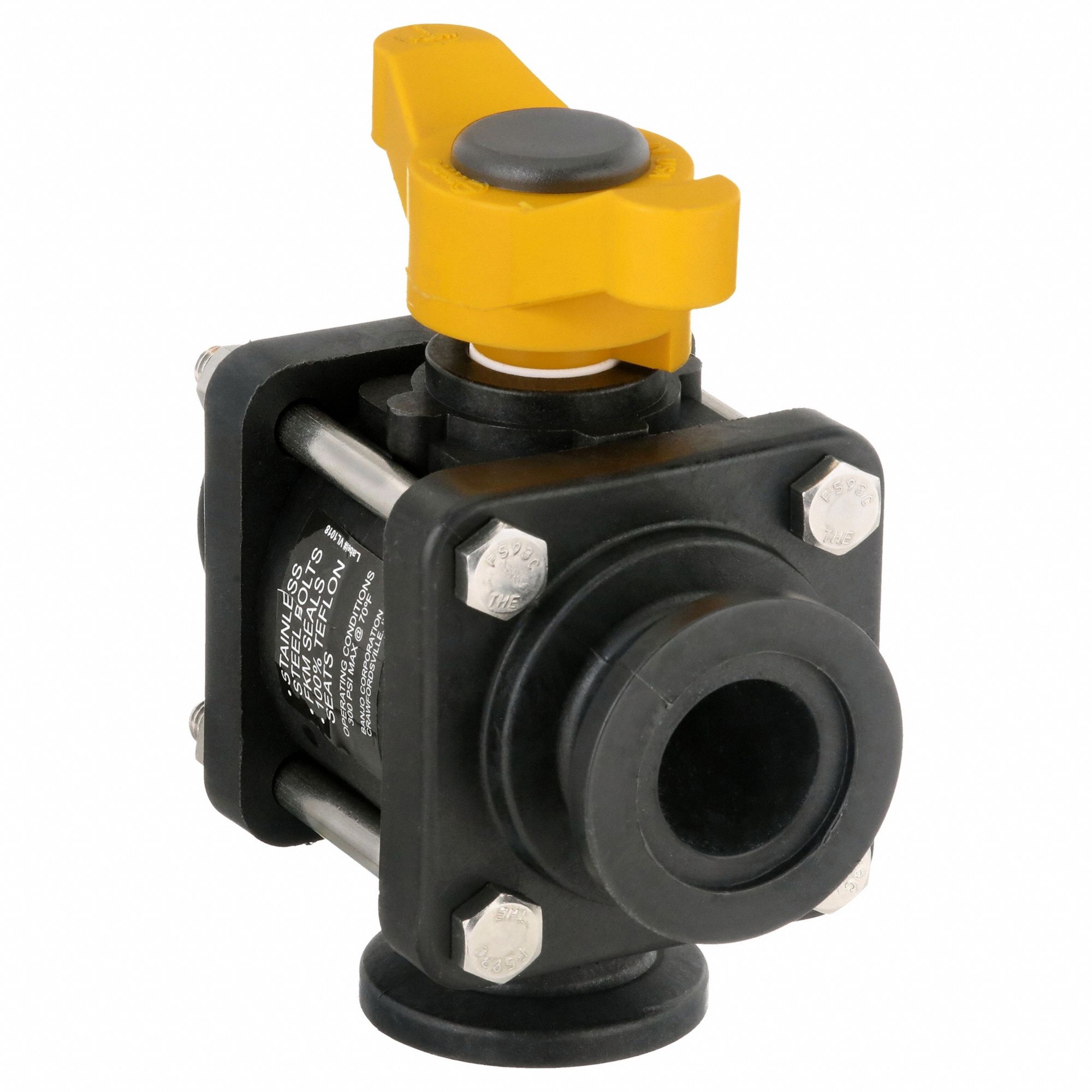 Manual Three-Way Ball Valve: 1 in, Polypropylene, L Flow, 300 psi Max. Pressure (CWP), Tee