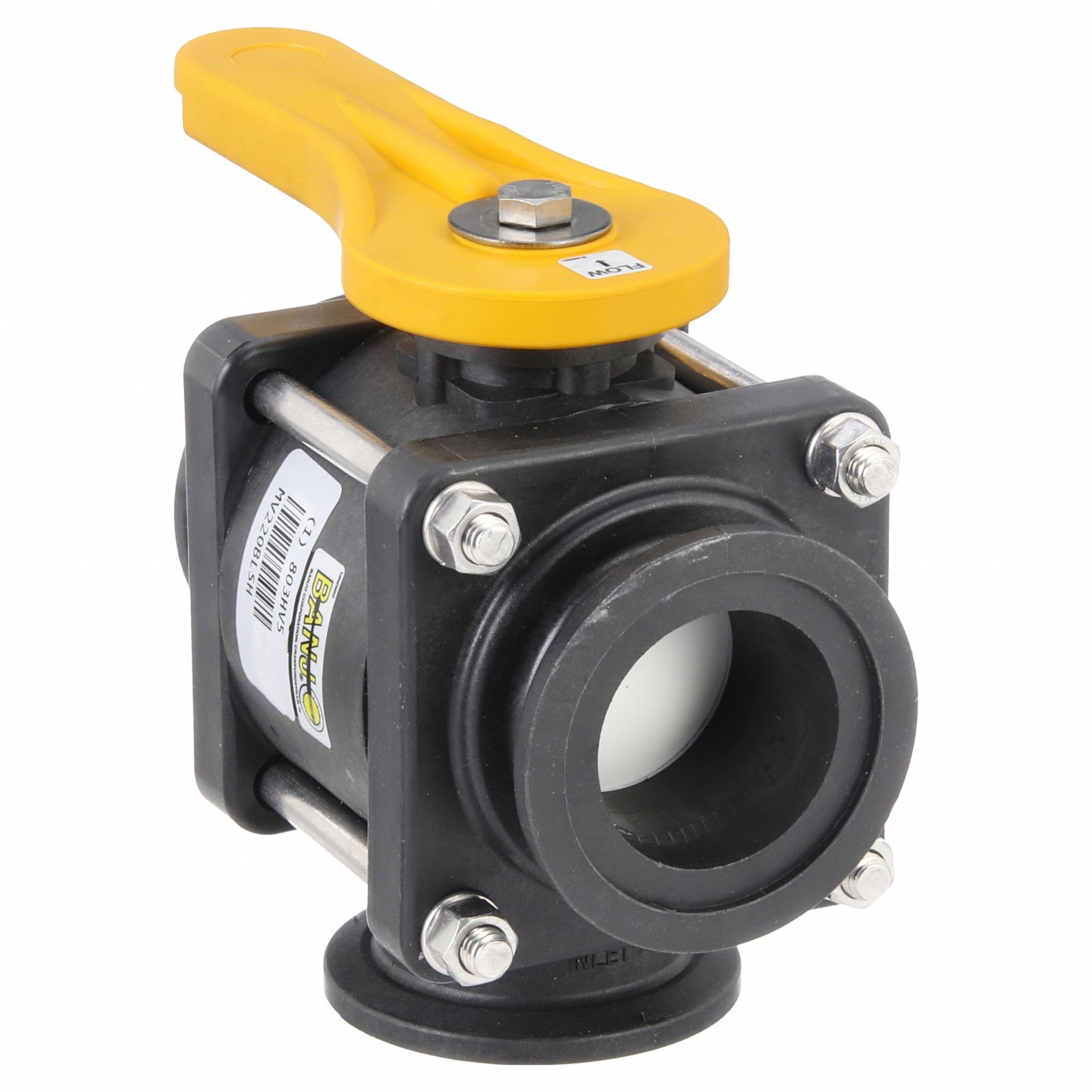 Manual Three-Way Ball Valve: 2 in, Polypropylene, L Flow, 150 psi Max. Pressure (CWP), Lever