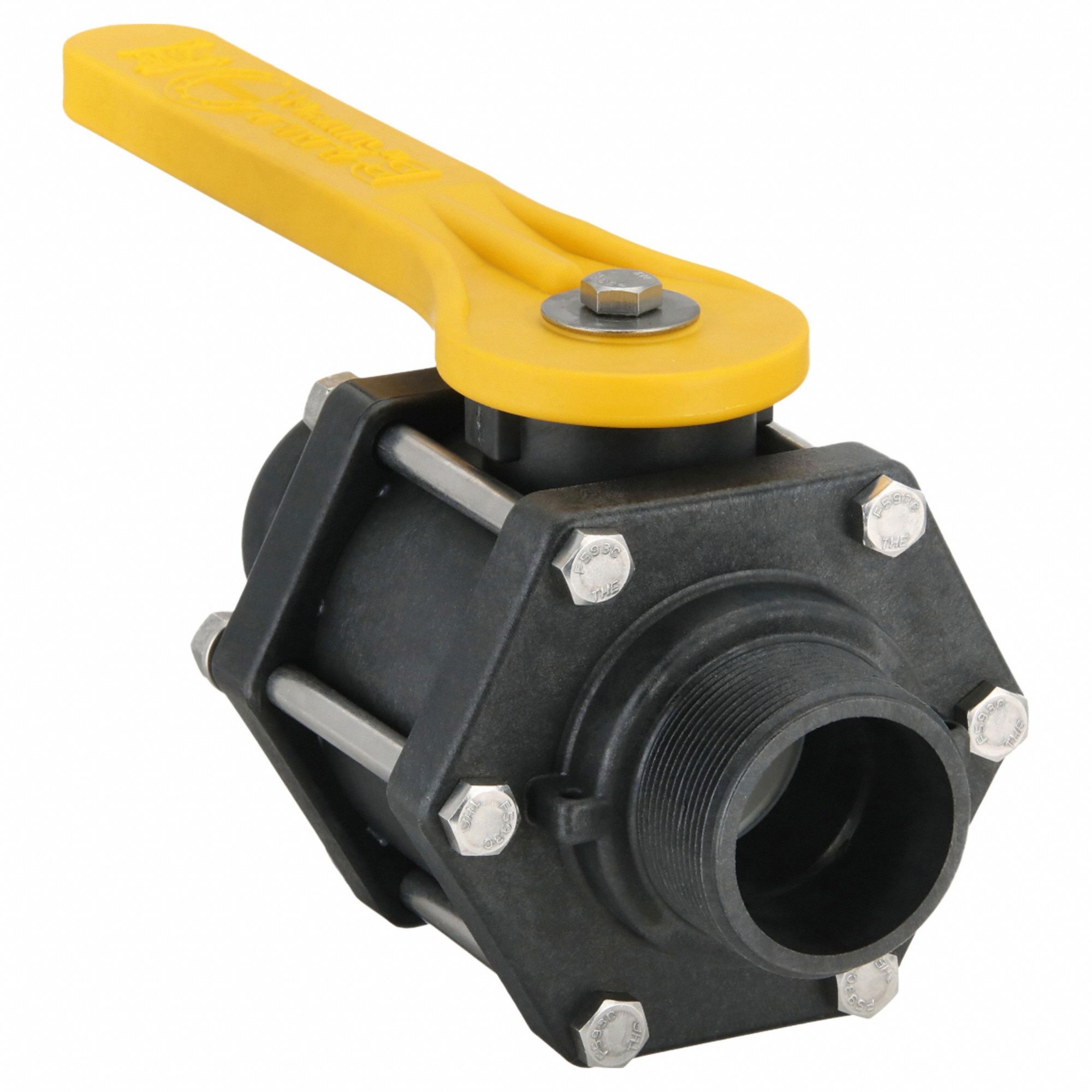Manual Two-Way Ball Valve: 2 in, Polypropylene, Straight, MNPT x Male Camlock, Three-Piece