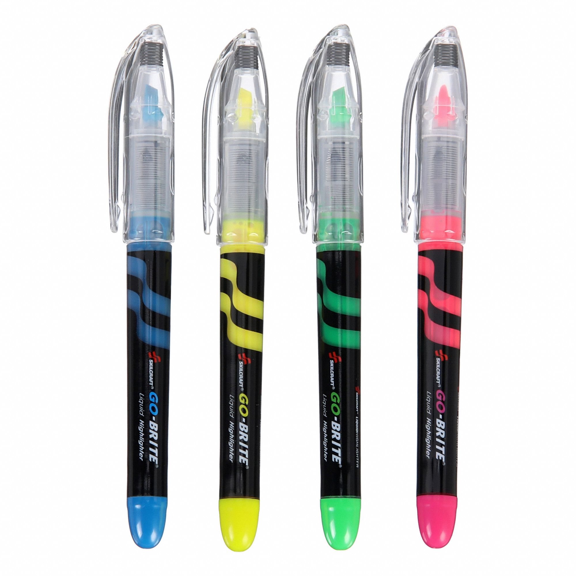 Highlighter: Blue/Green/Pink/Yellow, Assorted, Chisel, Capped, Pen Style, Non-Toxic, 4 PK