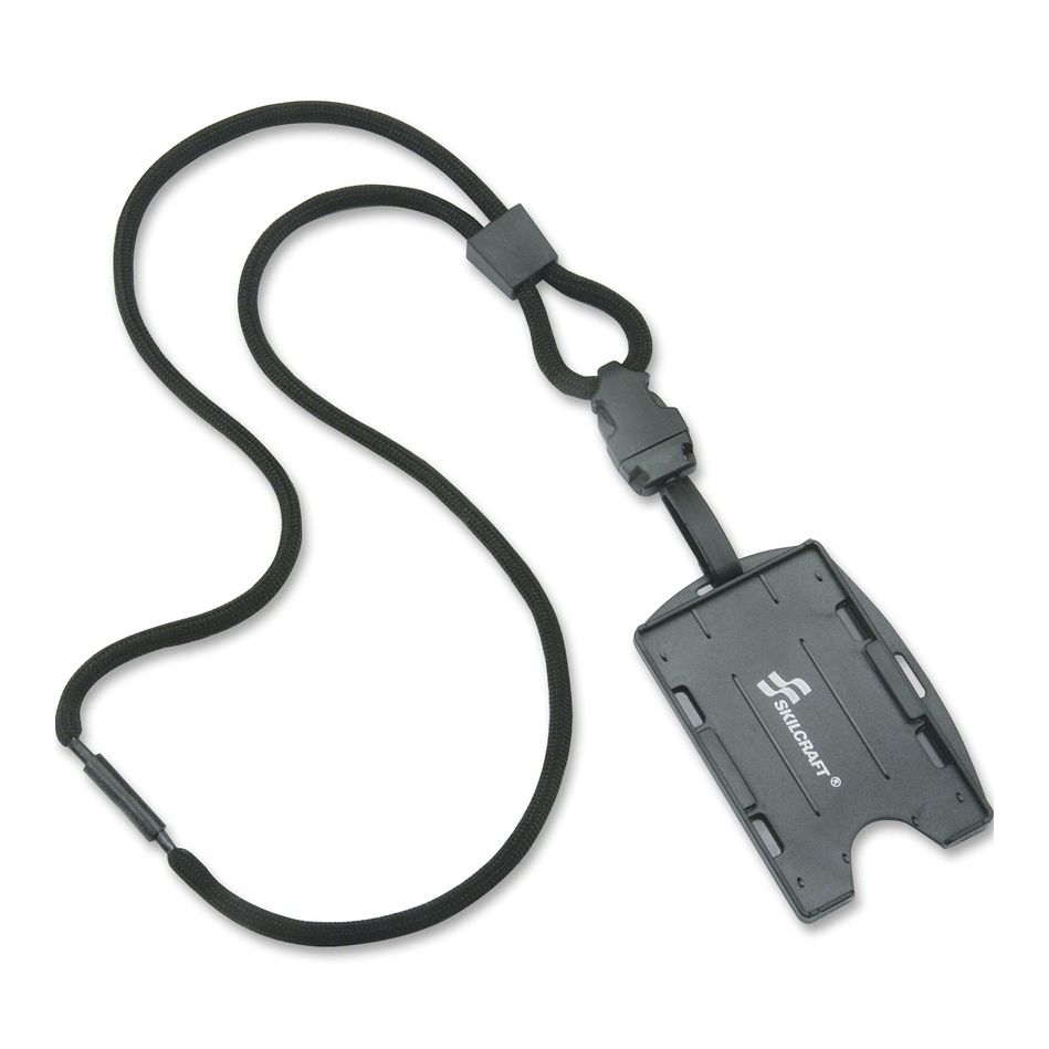 Badge Holder: Clip, Horizontal/Vertical, 36 in Lanyard Strap Lg, Plastic, Black, 12 PK