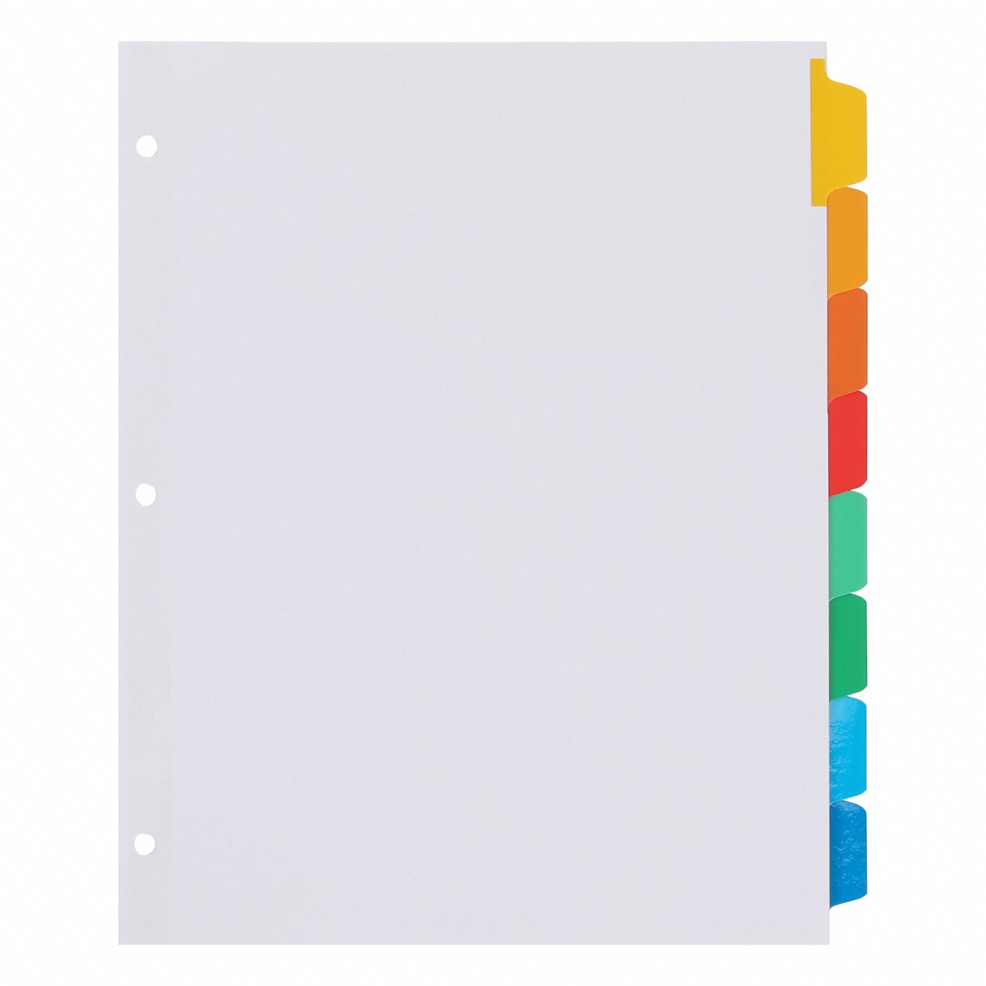 Index Tabs: Blank, 8 Tabs, Assorted, 12 5/8 in Overall Wd, 1 1/4 in Overall Ht, Plastic