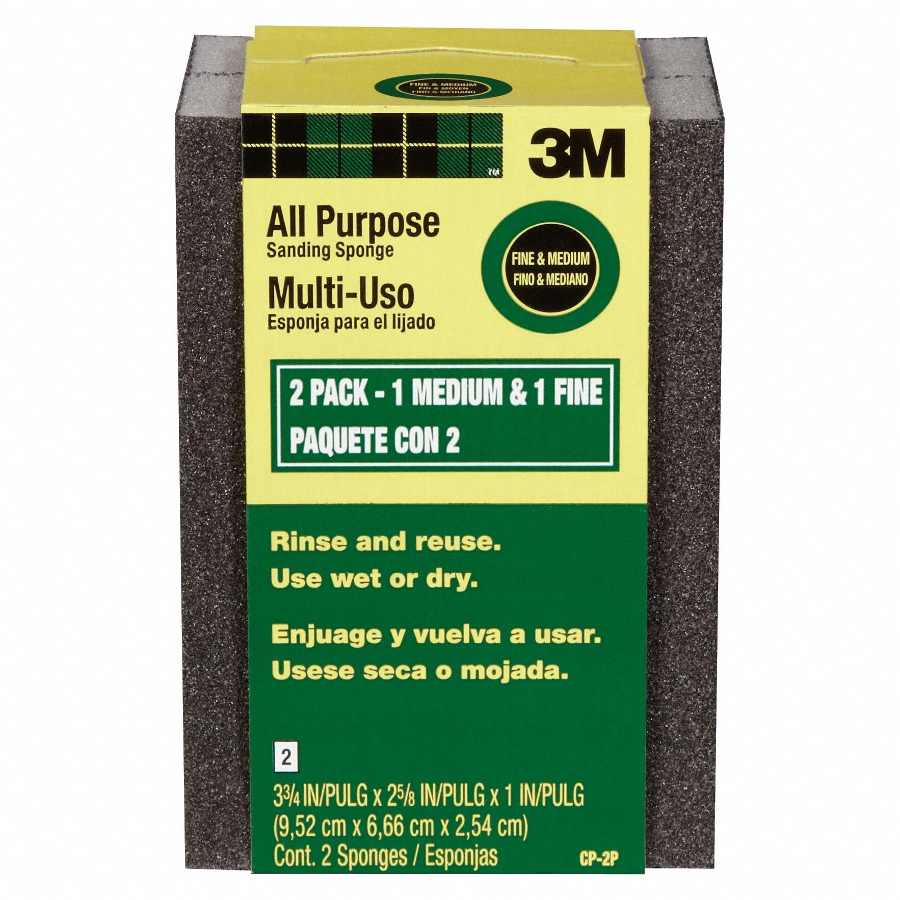 Sanding Sponge: 2 5/8 in W x 3 3/4 in L x 1 in T, Aluminum Oxide, Fine/Medium, 2 PK
