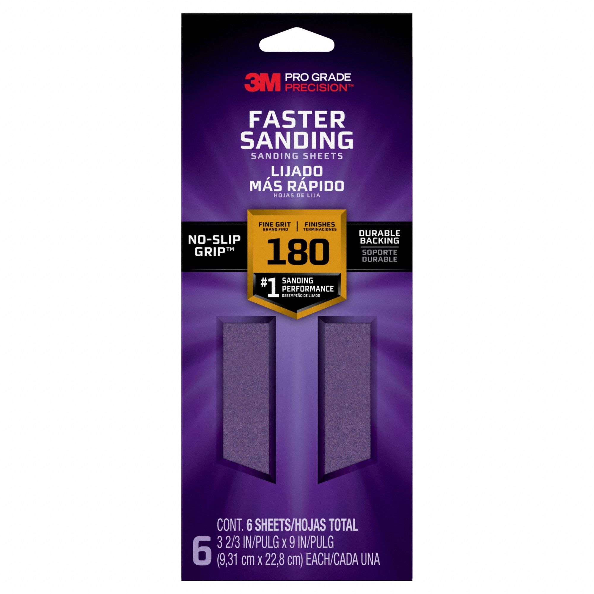 Sanding Sheet: 3 11/16 in W x 9 in L, Ceramic, 180 Grit, Paper, Pro Grade Precision, 6 PK