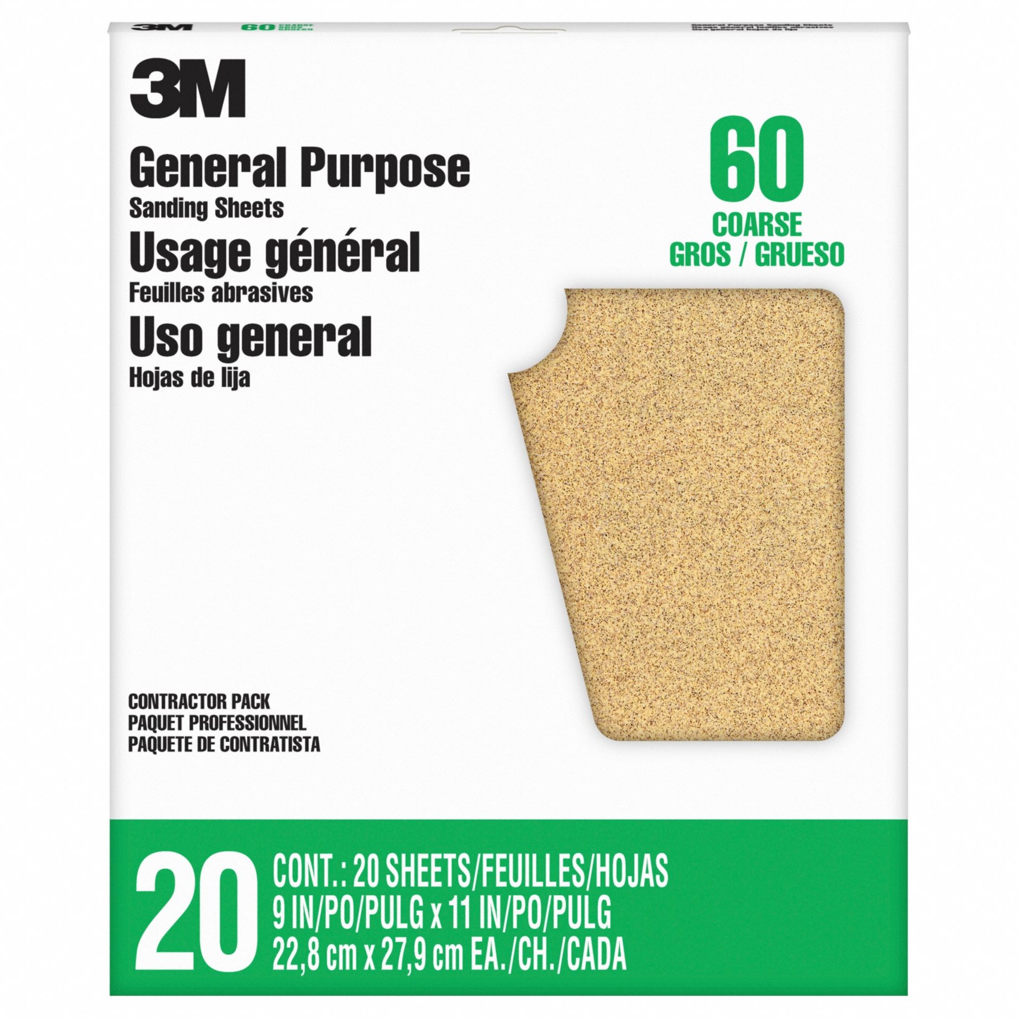 Sandpaper Sheet: 9 in W x 11 in L, Aluminum Oxide, 60 Grit, C Wt Paper, 20 PK