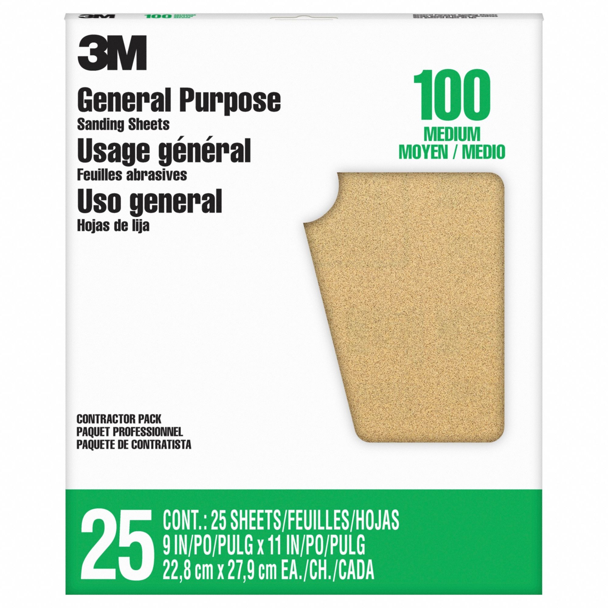 Sandpaper Sheet: 9 in W x 11 in L, Aluminum Oxide, 100 Grit, C Wt Paper, 25 PK