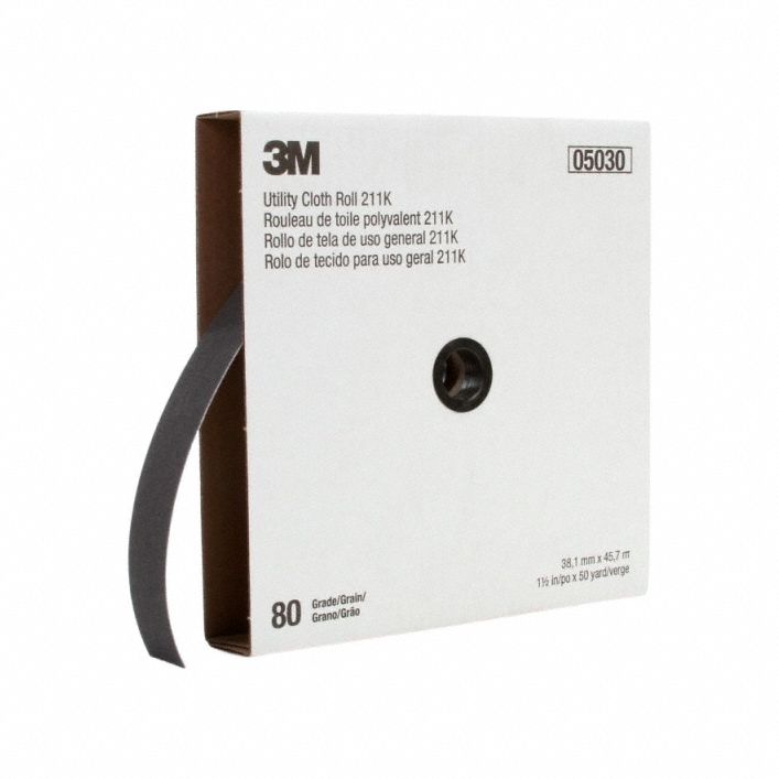 Abrasive Utility Roll: 1 1/2 in W x 150 ft L, Aluminum Oxide, 80 Grit, J Wt Cloth, 211K, 80