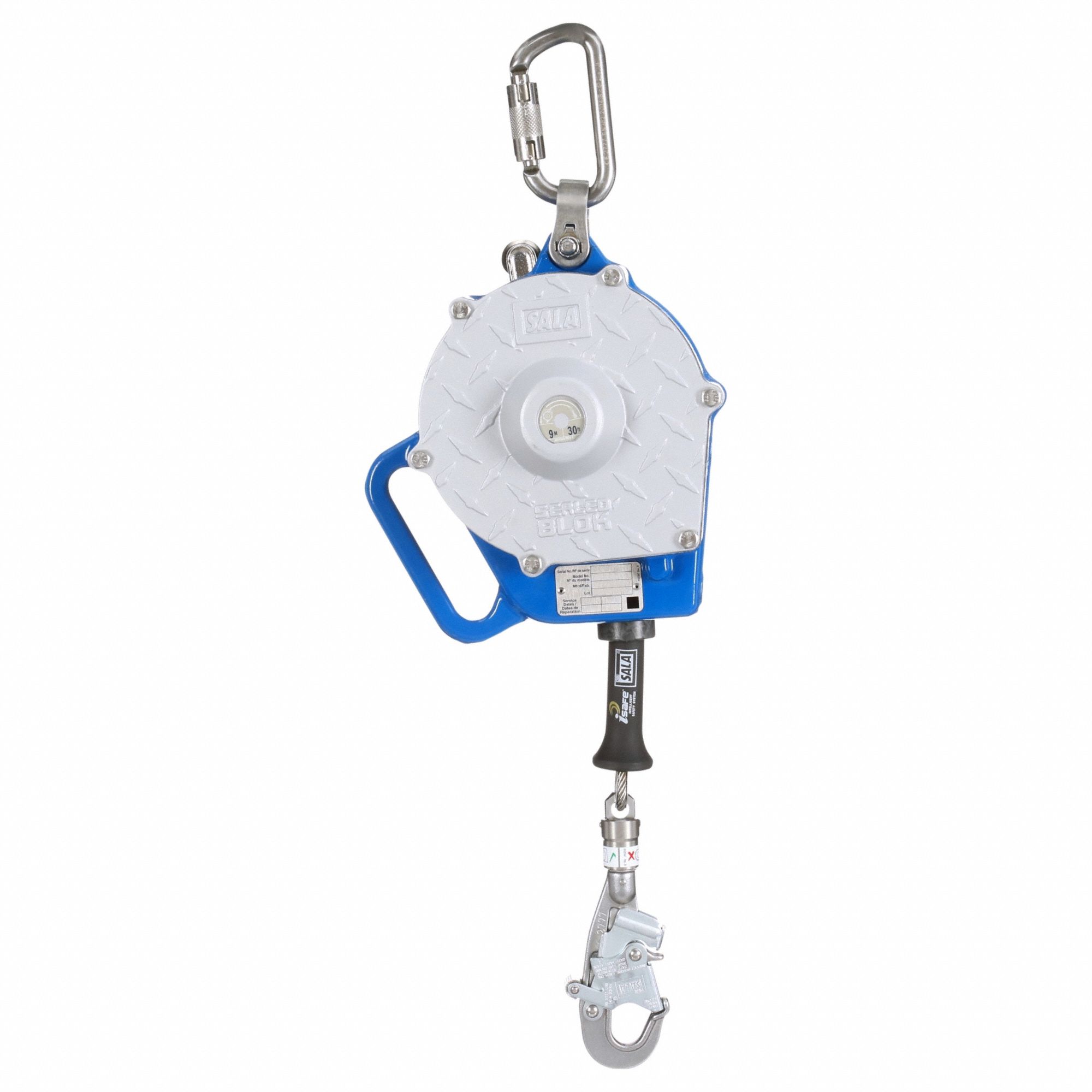 Self Retracting Lifeline: Steel Snap Hook Anchor, Harness Steel Carabiner, 30 ft Line