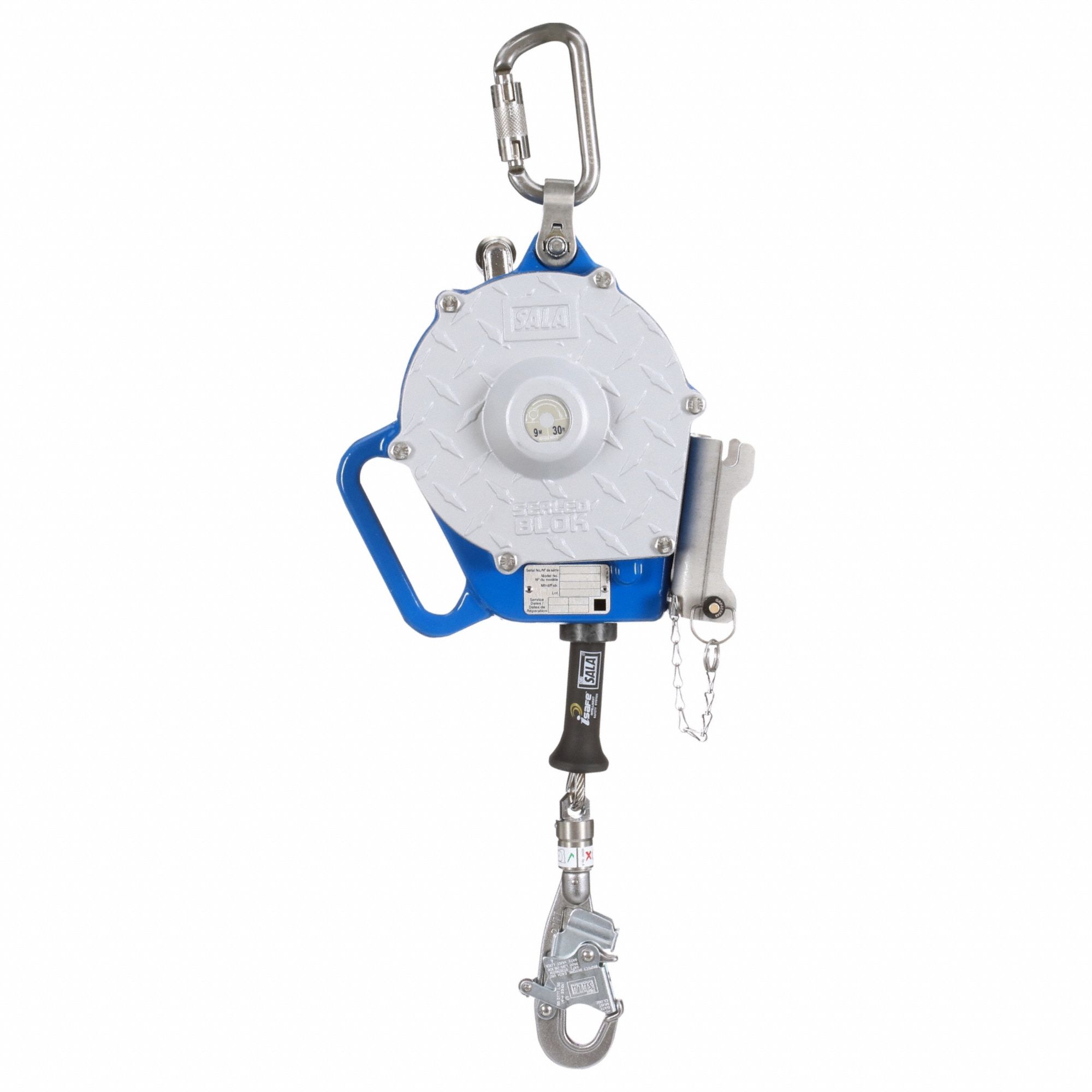 Self Retracting Lifeline: Steel Snap Hook Anchor, Harness Steel Carabiner, 30 ft Line