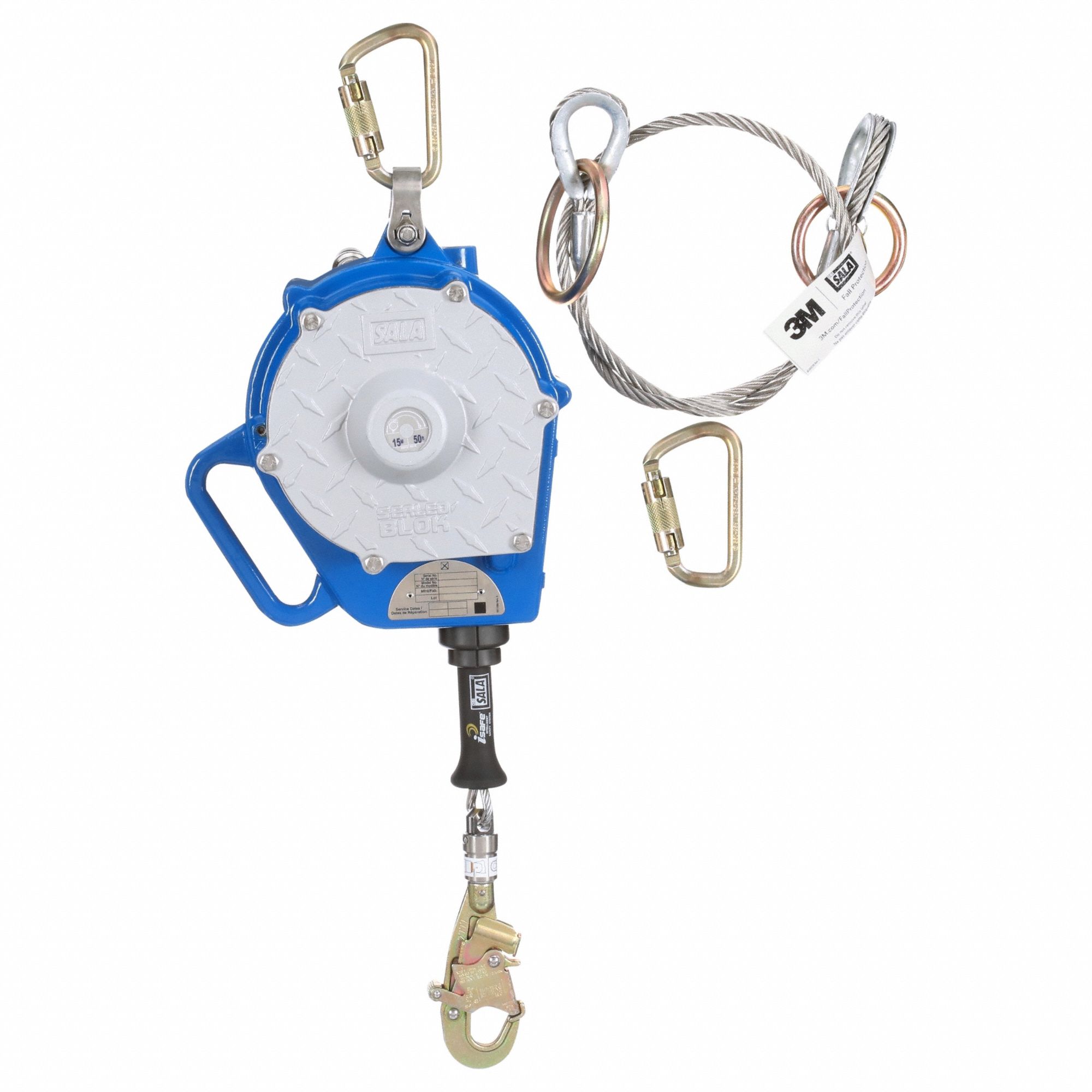 Self Retracting Lifeline: Carabiner Anchor, Harness Swivel Snap Hook, 50 ft Line, Sealed