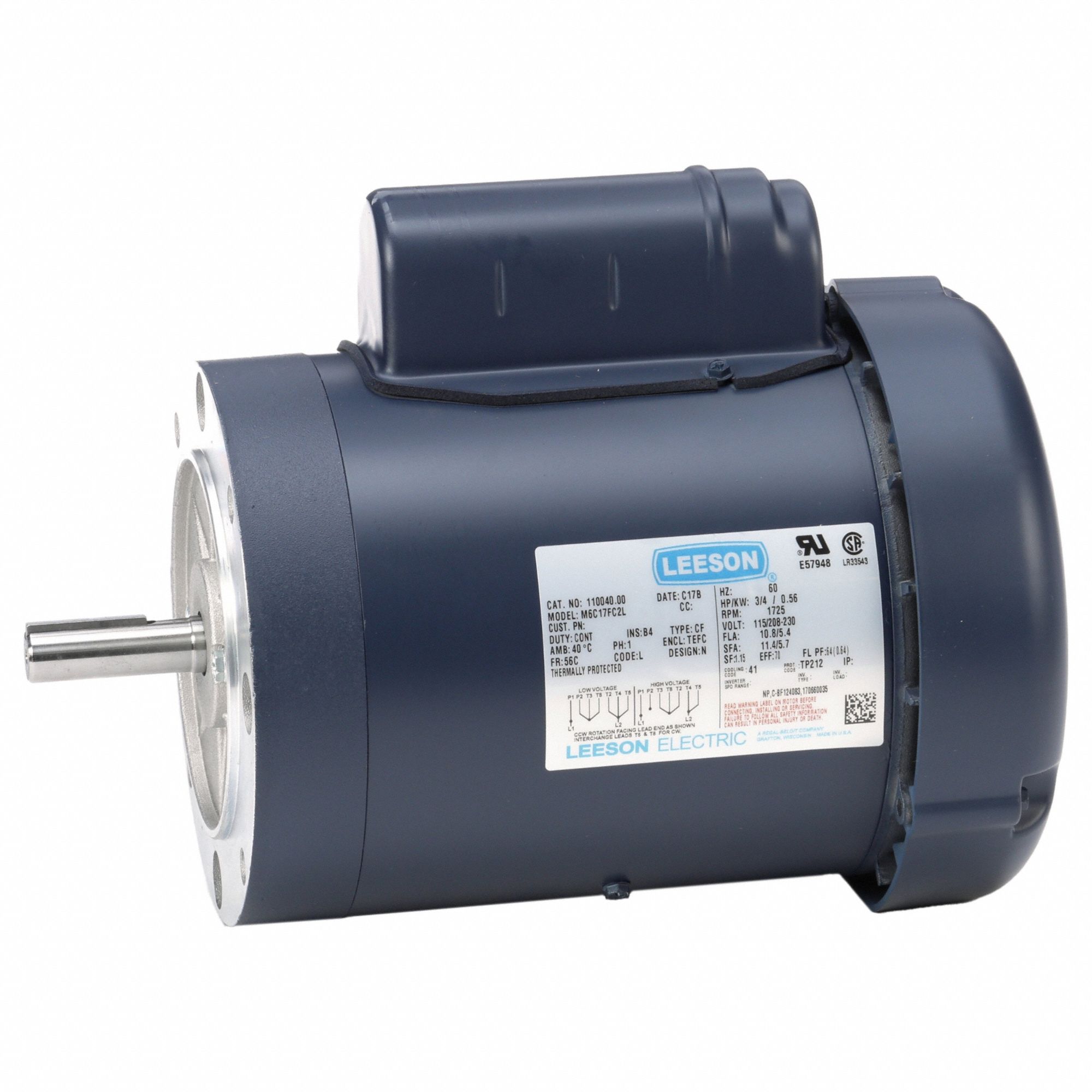 General Purpose Motor: Single Phase, 3/4 hp, 115/208-230V AC, 56C Frame Size, 1, 725 RPM, B