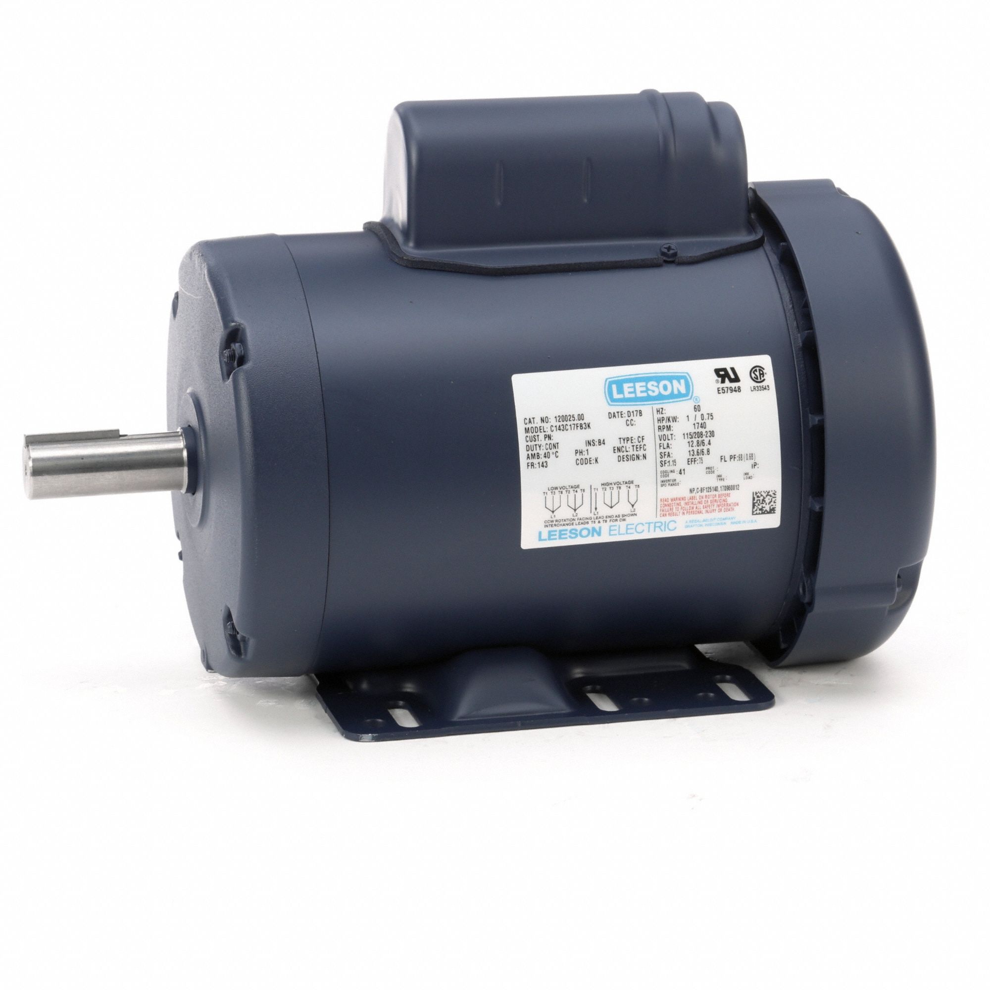 General Purpose Motor: Single Phase, 1 hp, 115/208-230V AC, 143T Frame Size, 1, 800 RPM, 60 Hz
