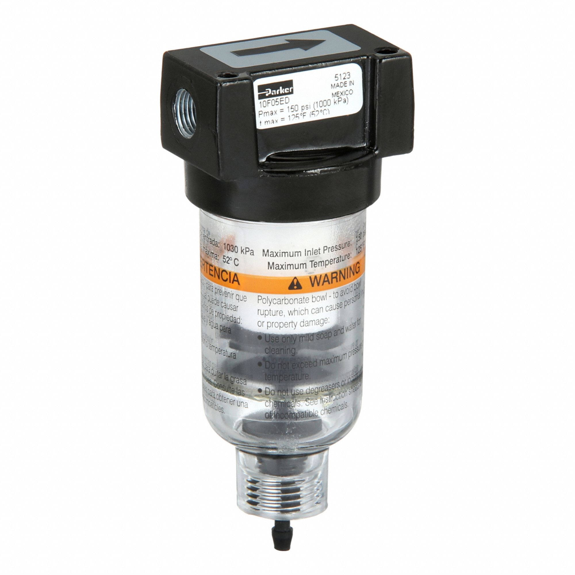 Filter: Coalescing, 1/8 in NPT, 0.01 micron, 17 scfm, 150 psig Max Op Pressure, Plastic Bowl