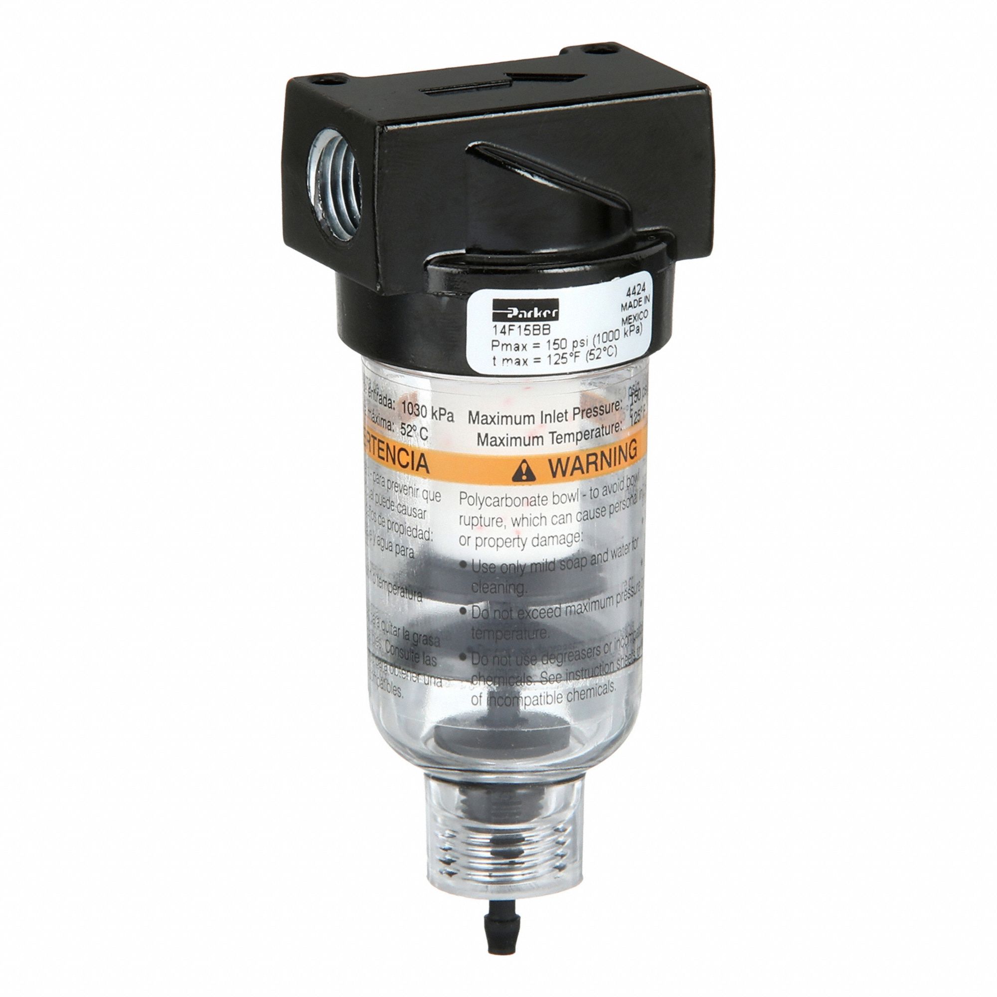 Filter: Particulate, 1/4 in NPT, 5 micron, 24 scfm, 150 psig Max Op Pressure, Plastic Bowl