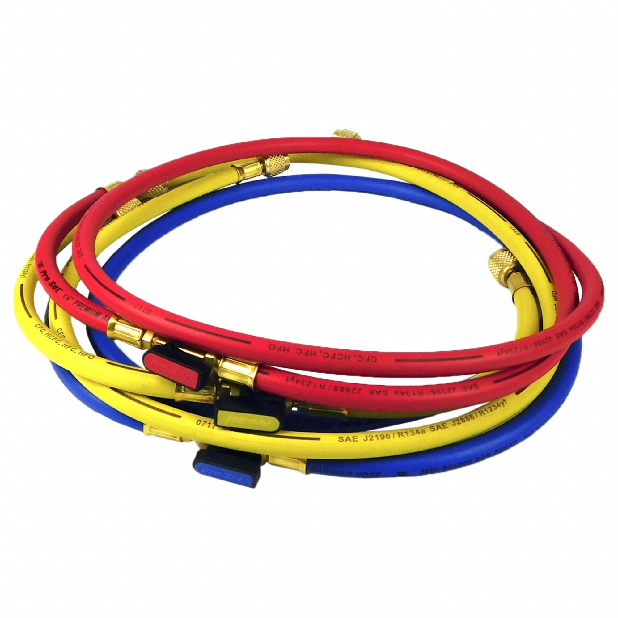 Hose: 5 ft Lg, 0° Angle, Blue/Red/Yellow, Nylon, 3 Hoses, Ball Valve