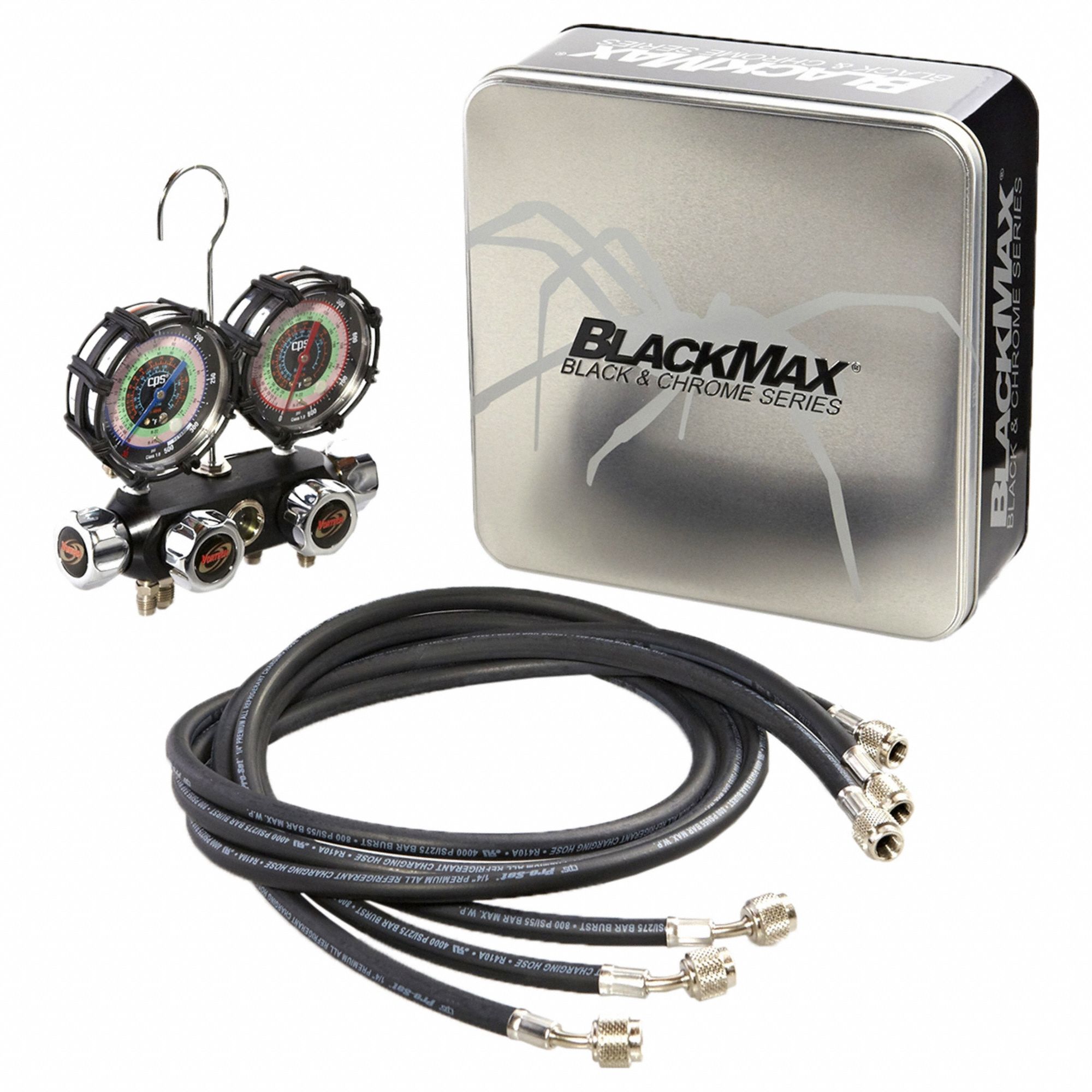 BLACKMAX, Manifold Gauge Set, 4 Valves, Gauge and Hose Set 807N78