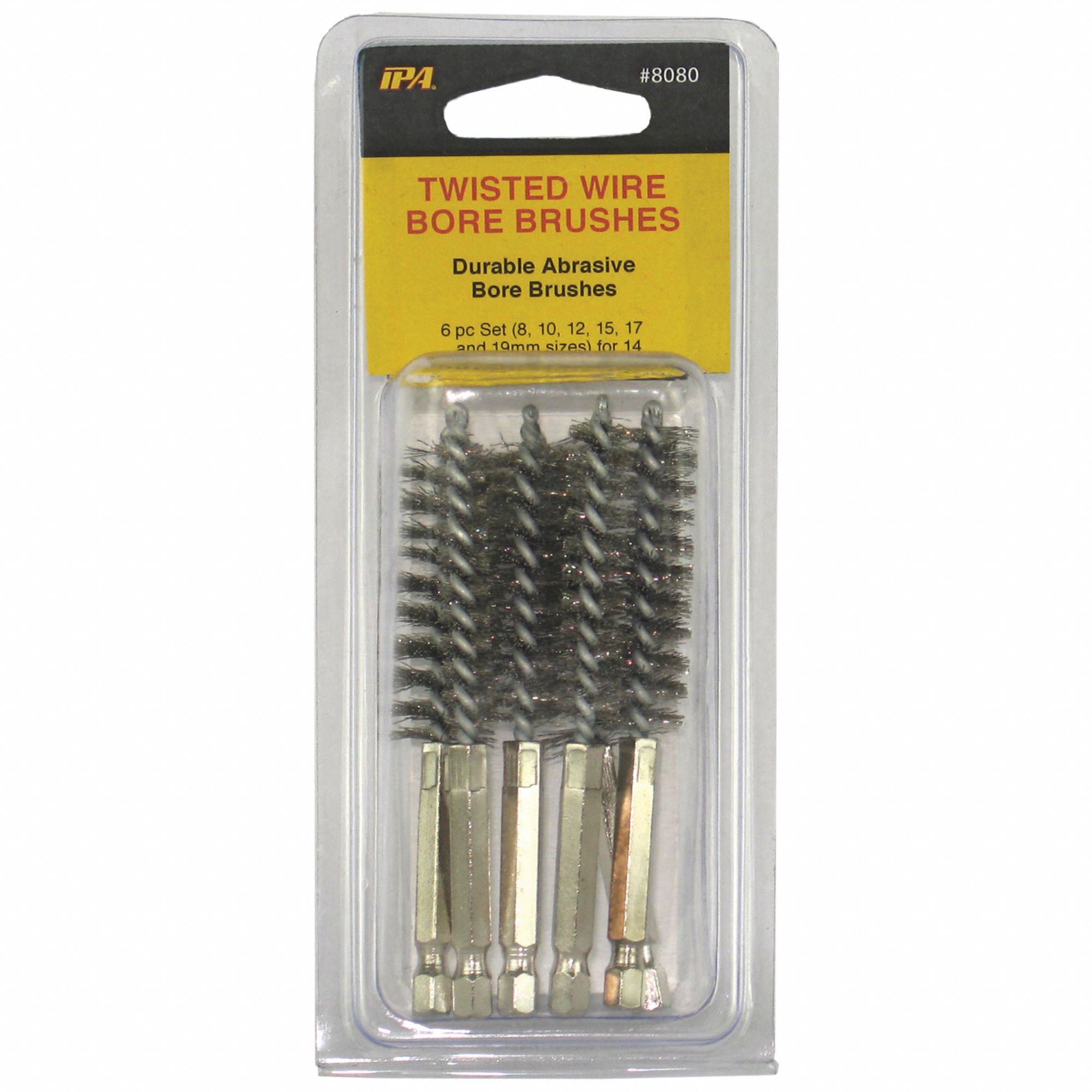 IPA Bore Brush Set Hex Handle, Stainless Steel Bristle, Silver, 3 in Brush Lg, Stainless Steel