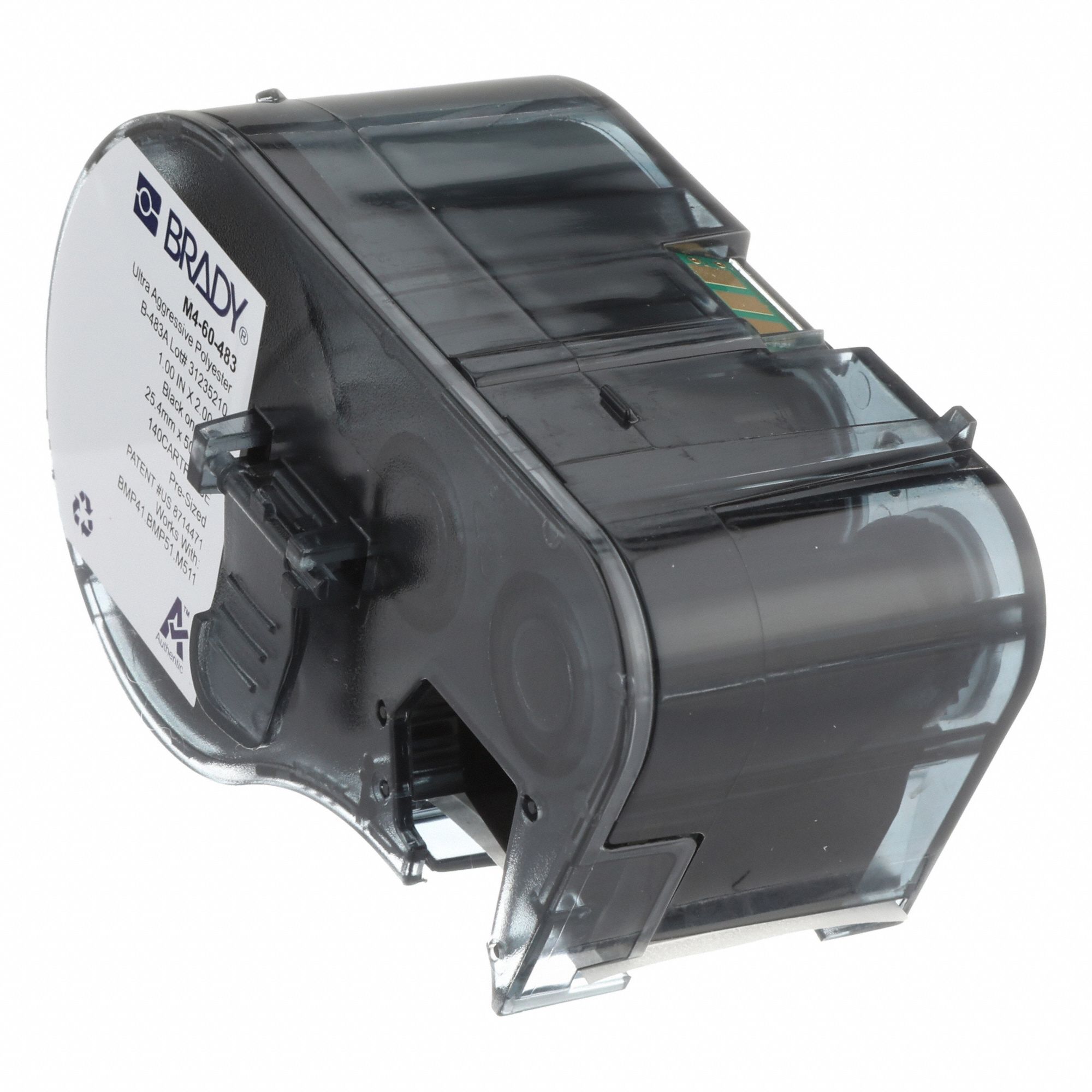 Combined Label and Ribbon Cartridge: 2 in x 1 in, 1 in, Polyester, Black on White