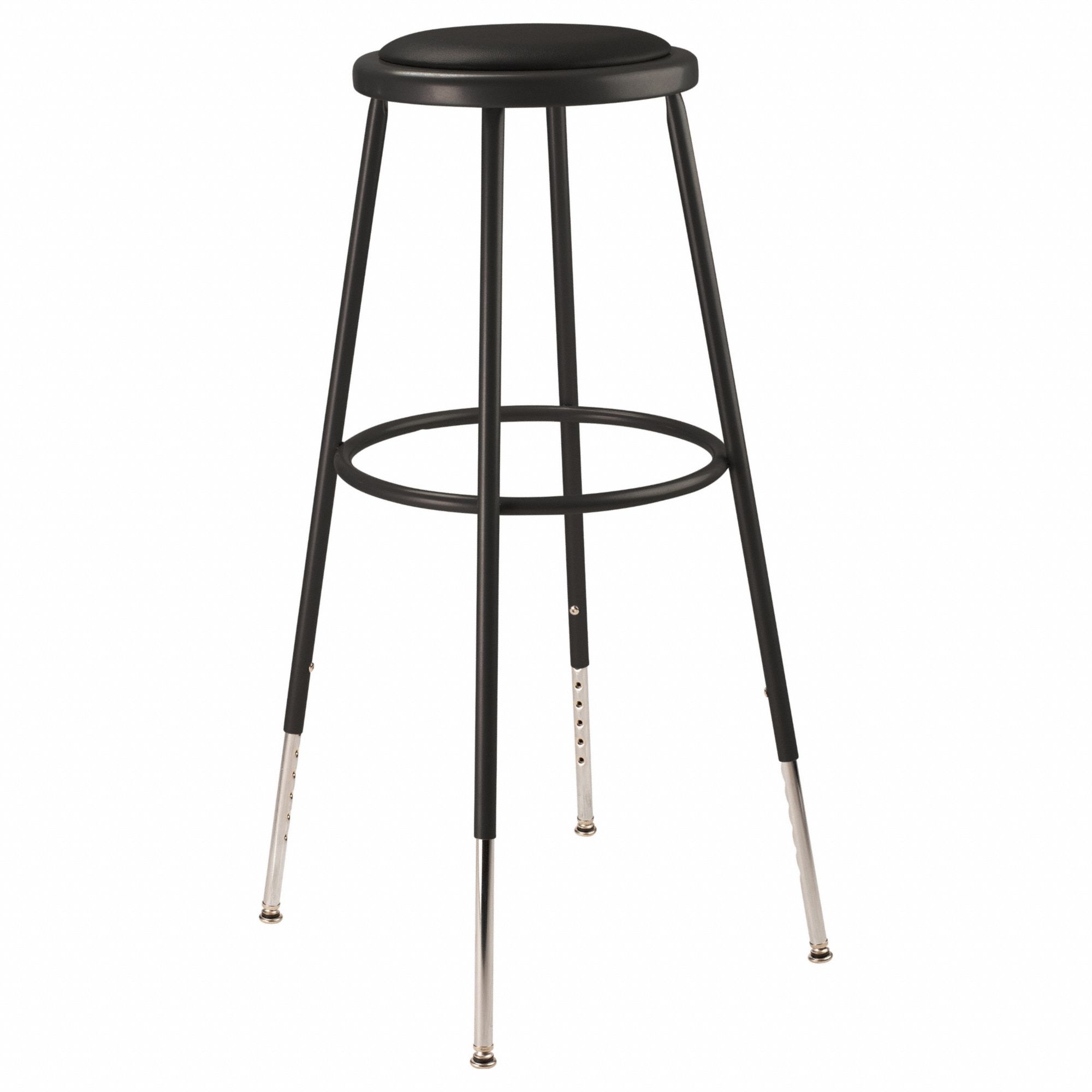 Black Vinyl Stool, 31-39"H: 30 1/2 in Overall Ht, 14 in Seat Wd, Screw Post