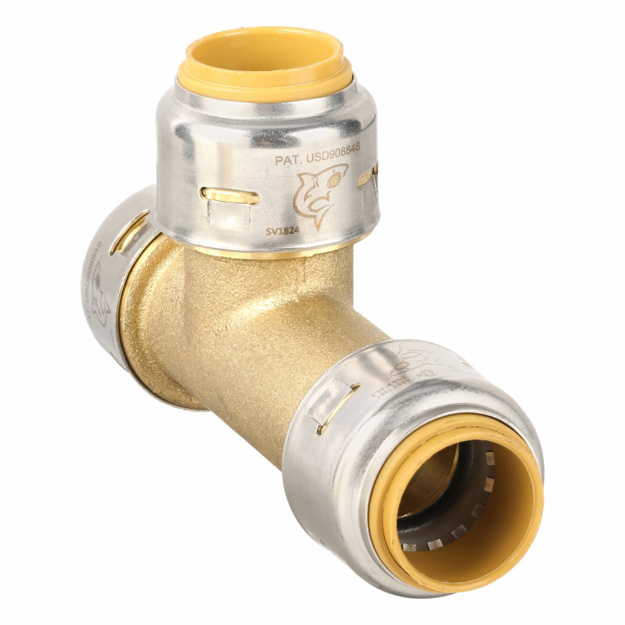 Push-Fit Tee Fitting: 5/8 in OD x 1/2 in OD x 1/2 in OD Size, DZR Brass, Coupling