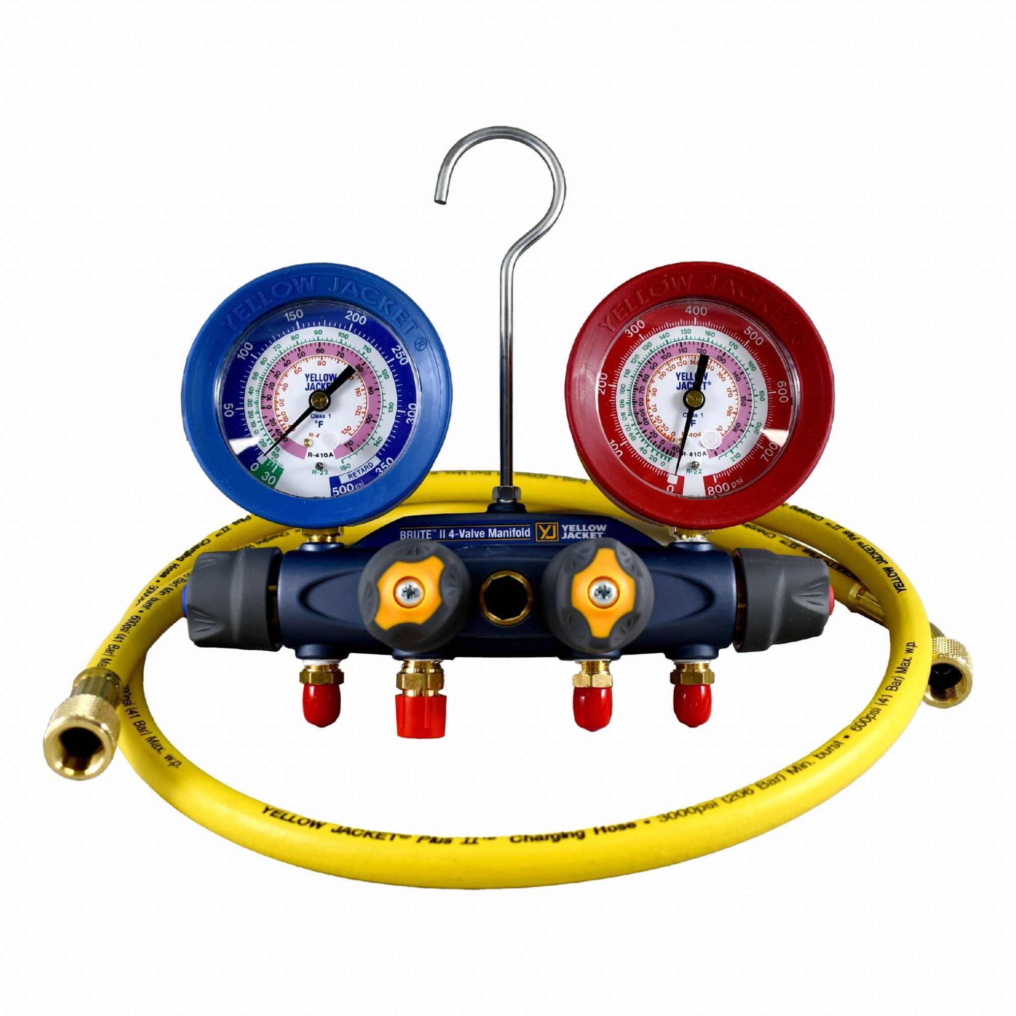 Manifold Gauge: 4 Valves, 4 Hoses, Series BRUTE II, 3 1/8 in Gauge