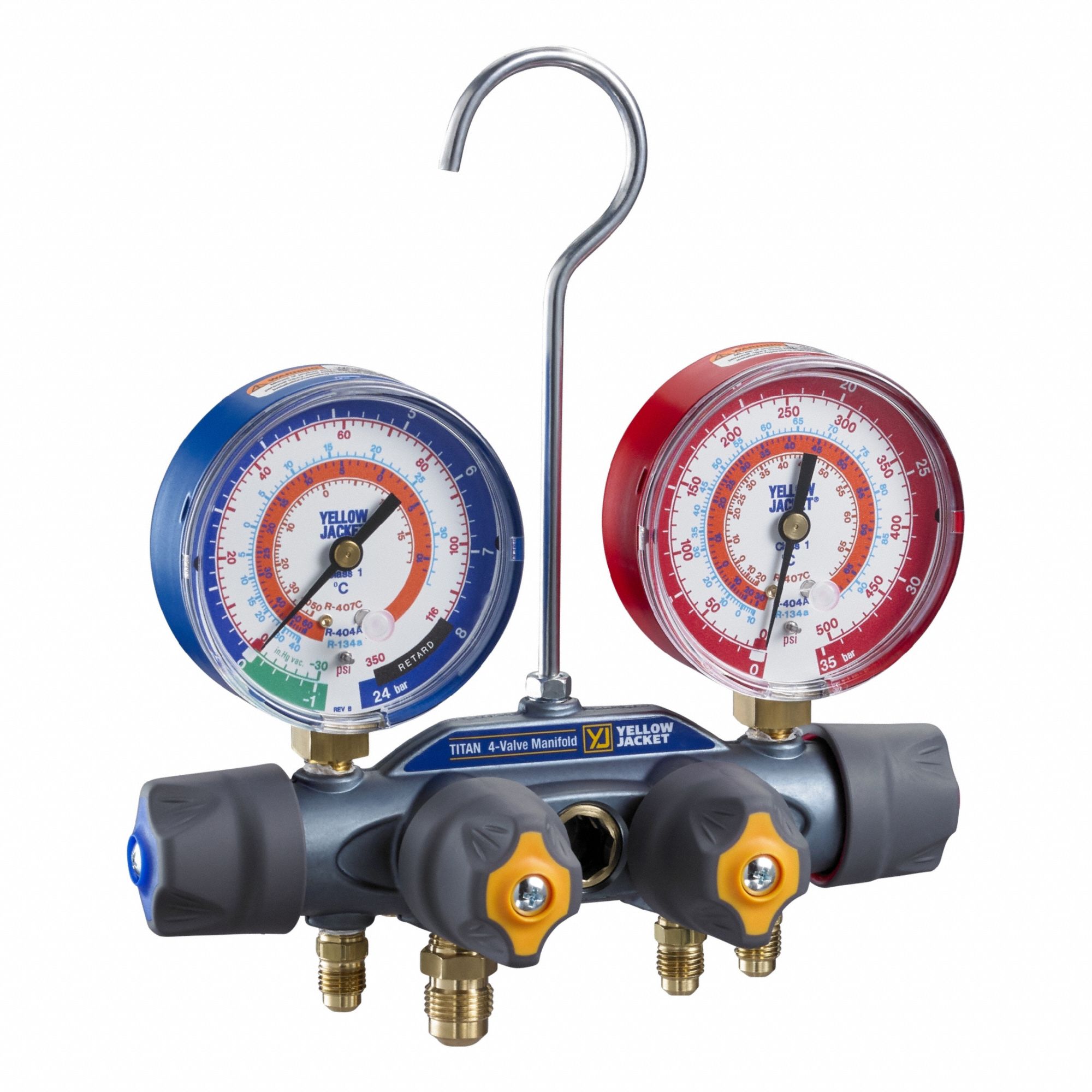 Manifold Gauge: 4 Valves, Series Titan, 3 1/8 in Gauge, For R-134A/R-404A/R-407C