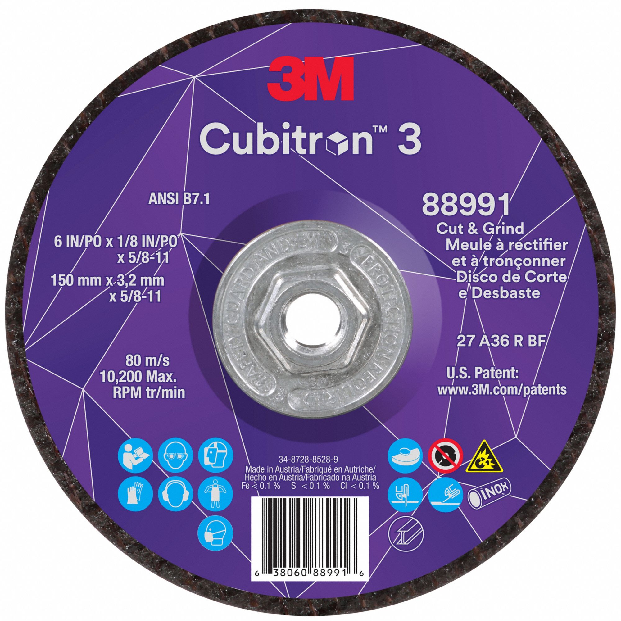 Cut-Off and Grinding Wheel: Type 27, 6" x 1/8" x 5/8"-11, Ceramic, 36 Grit