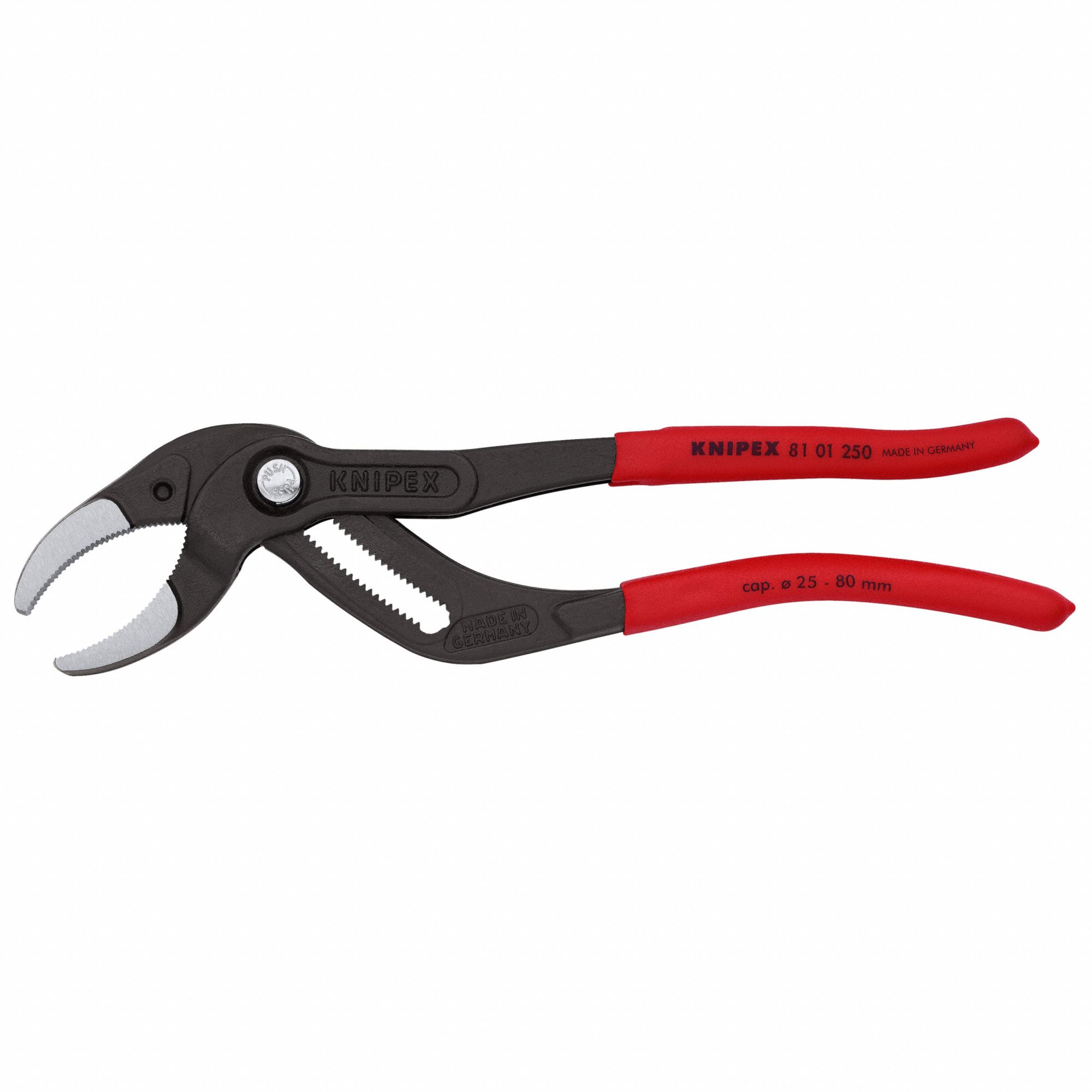 Tongue and Groove Plier: Curved, Push Button, 3 1/8 in Max Jaw Opening, 10 in Overall Lg, Serrated