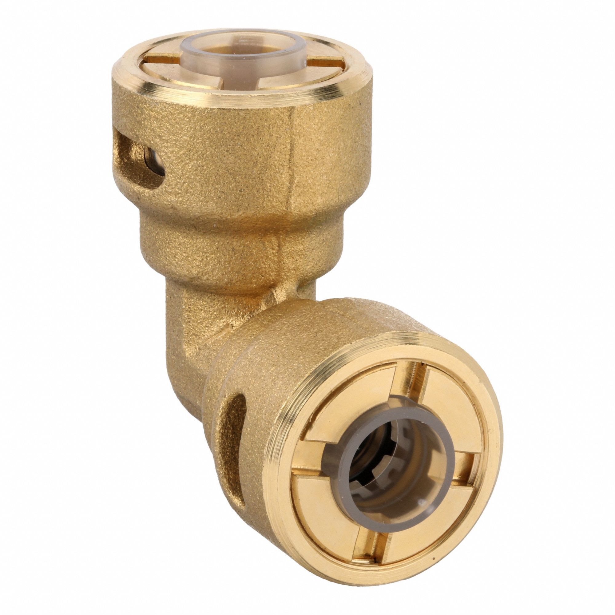 Push-Fit Elbow Fitting: 3/8 in OD x 3/8 in OD Size, Push-to-Connect x Push-to-Connect, Brass