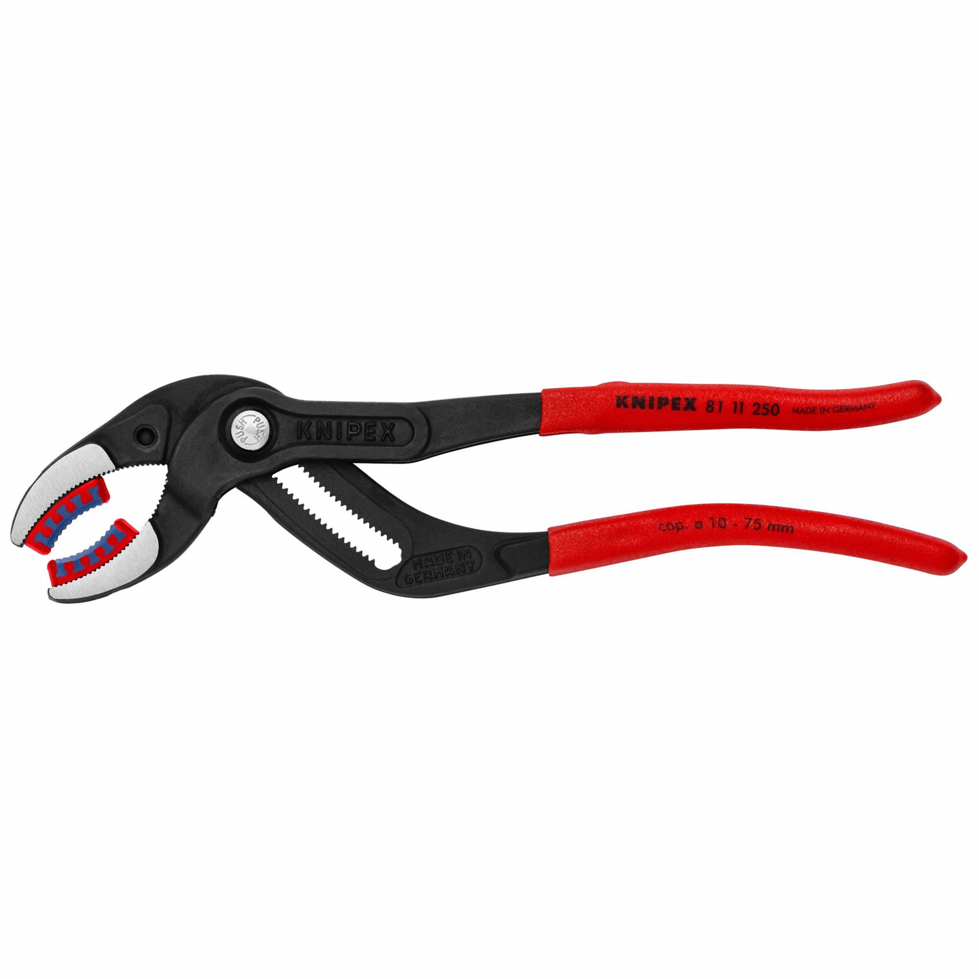 Tongue and Groove Plier: Curved, Push Button, 3 in Max Jaw Opening, 10 in Overall Lg, 3/8 in Jaw Wd