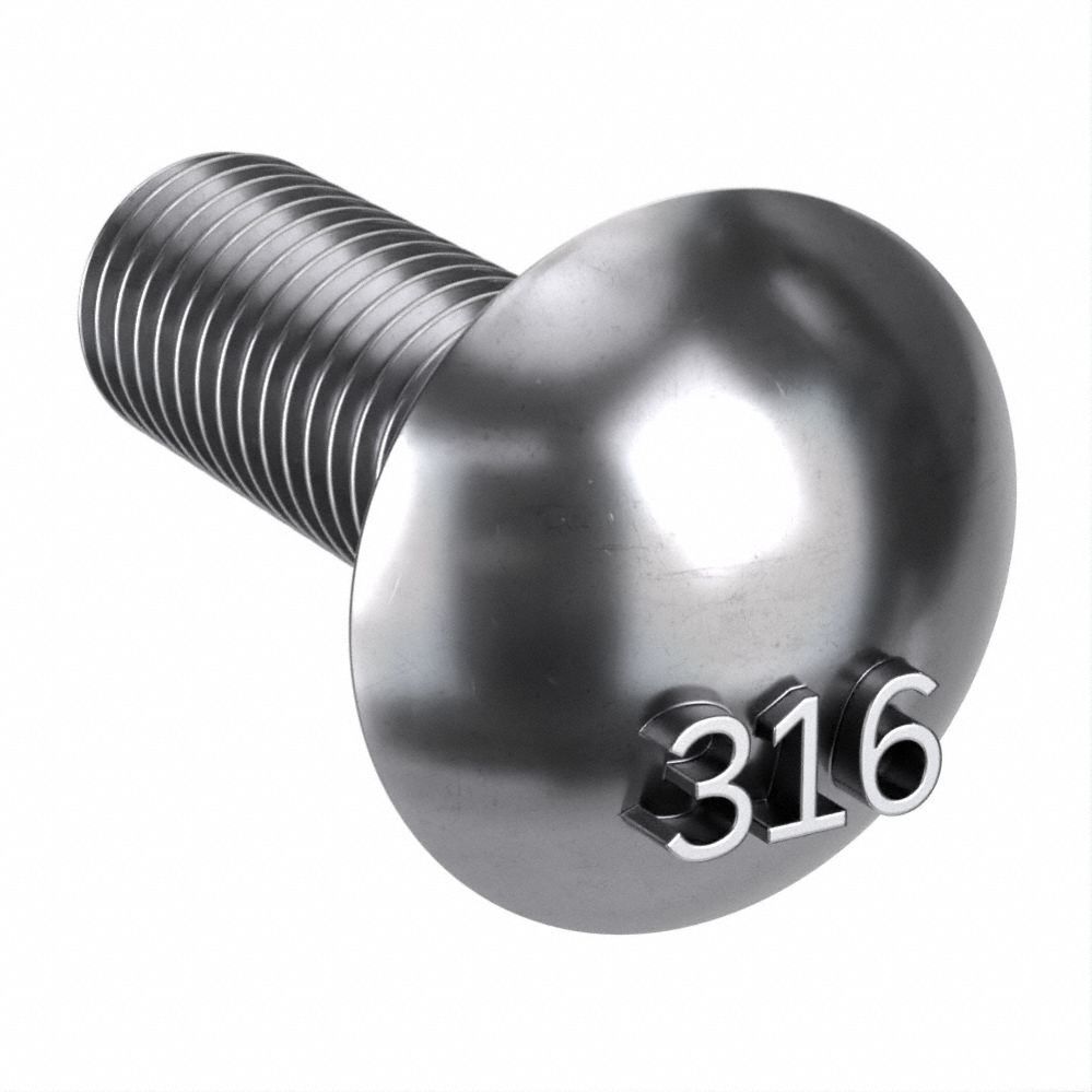 Carriage Bolt: Square Neck, 1/2"-13 Thread Size, 12 in lg, Stainless Steel, 316, Plain