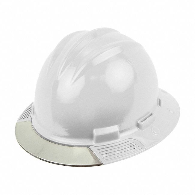 Full Brim Hard Hat: White, No Graphics, Ratchet (4-Point), Ratchet, Polyethylene, Side-Slots