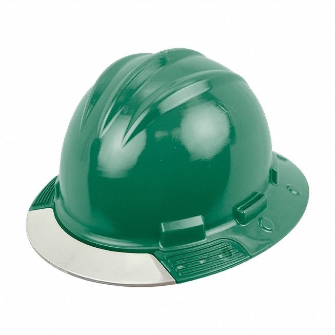 Full Brim Hard Hat: Green, No Graphics, Ratchet (4-Point), Ratchet, Polyethylene, Side-Slots