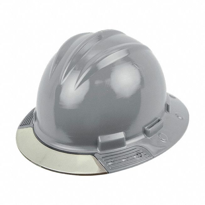 Full Brim Hard Hat: Gray, No Graphics, Ratchet (4-Point), Ratchet, Polyethylene, Side-Slots