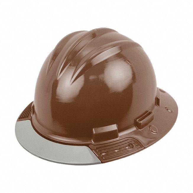 Full Brim Hard Hat: Brown, No Graphics, Ratchet (4-Point), Ratchet, Polyethylene, Side-Slots