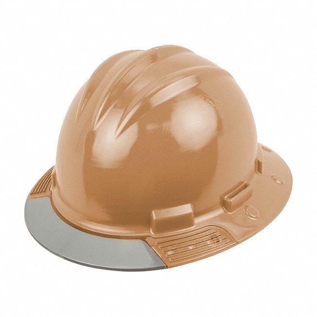 Full Brim Hard Hat: Tan, No Graphics, Ratchet (4-Point), Ratchet, Polyethylene, Side-Slots