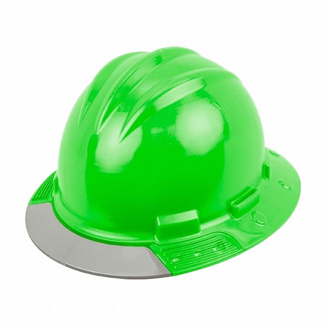 Full Brim Hard Hat: Green, No Graphics, Ratchet (4-Point), Ratchet, Polyethylene, Side-Slots