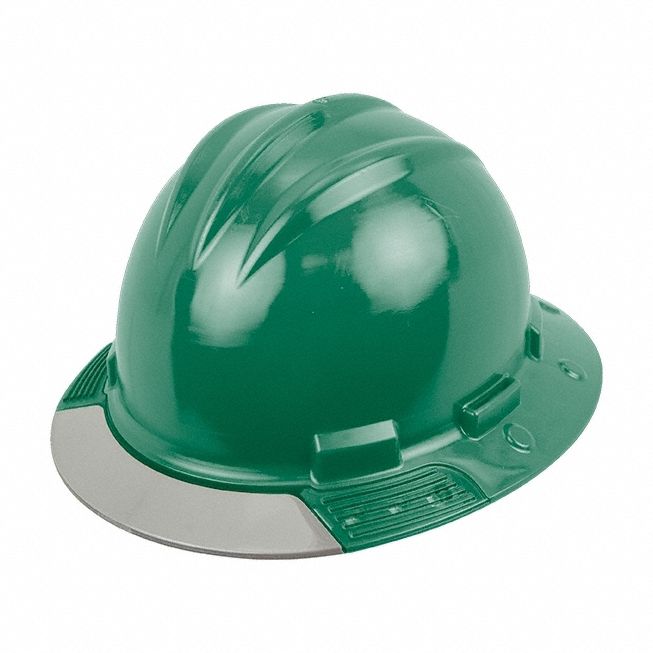 Full Brim Hard Hat: Green, No Graphics, Ratchet (4-Point), Ratchet, Polyethylene, Side-Slots