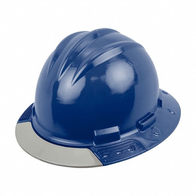 Full Brim Hard Hat: Navy Blue, No Graphics, Ratchet (4-Point), Ratchet, Polyethylene, Solid