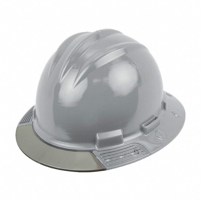 Full Brim Hard Hat: Gray, No Graphics, Ratchet (4-Point), Ratchet, Polyethylene, Side-Slots