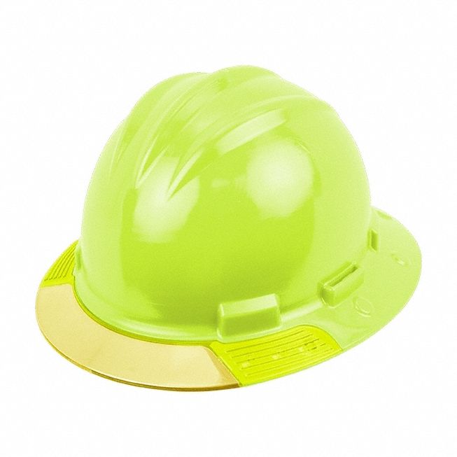 Full Brim Hard Hat: Yellow, No Graphics, Ratchet (4-Point), Ratchet, Polyethylene, BULLARD