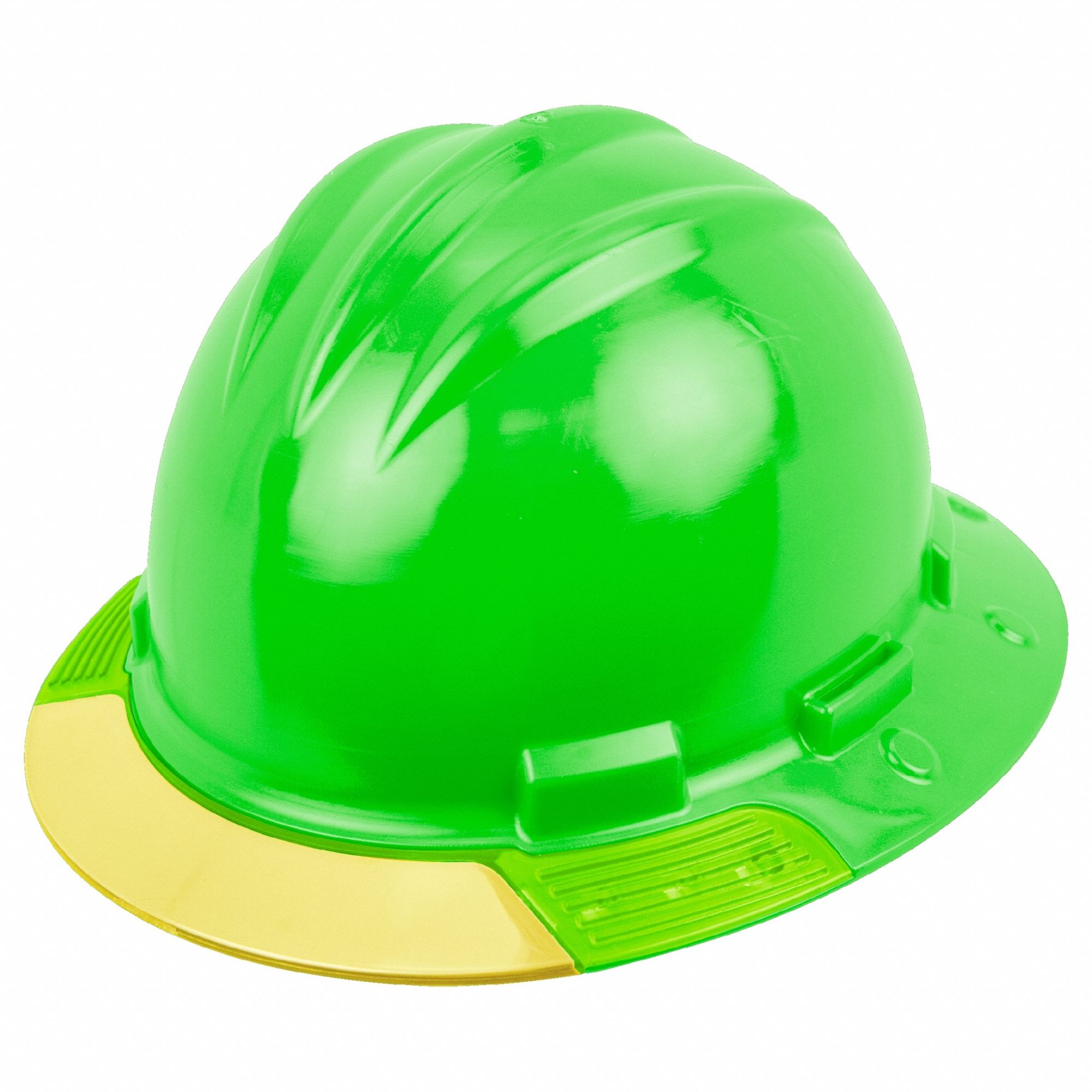 Full Brim Hard Hat: Green, No Graphics, Ratchet (4-Point), Ratchet, Polyethylene, Side-Slots