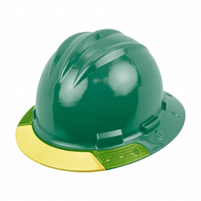 Full Brim Hard Hat: Green, No Graphics, Ratchet (4-Point), Ratchet, Polyethylene, Side-Slots