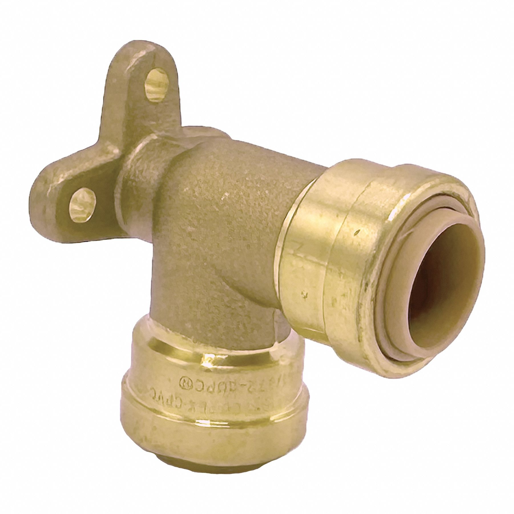Push-Fit Elbow Fitting: 1/2 in OD x 1/2 in OD Size, Brass, Drop Ear